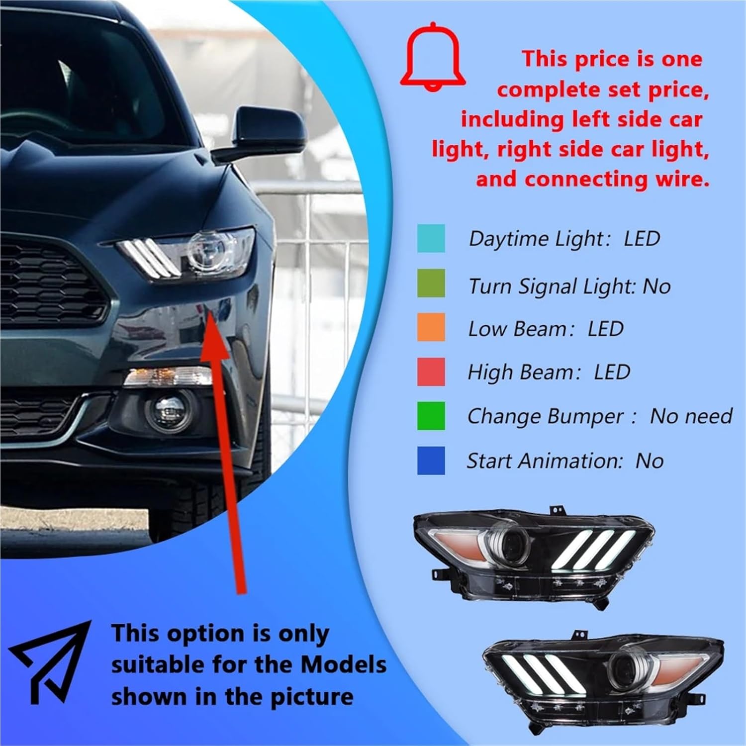 Front Lamps Compatible With Mustang 2015-2017 Plug and Play Replacement Assembly LED Auto Headlights Projector Lens Accessories