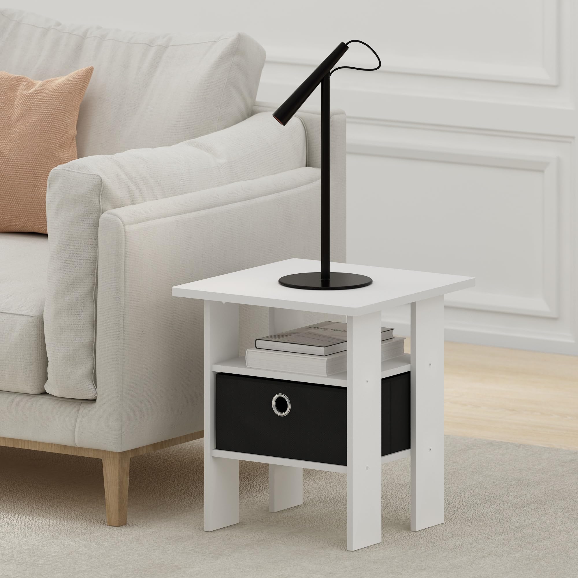 Furinno Andrey tavolino comodino con cassetto portaoggetti, Bianco/Nero | Mensole aperte e cestino, comodino, per soggiorno, camera da letto
