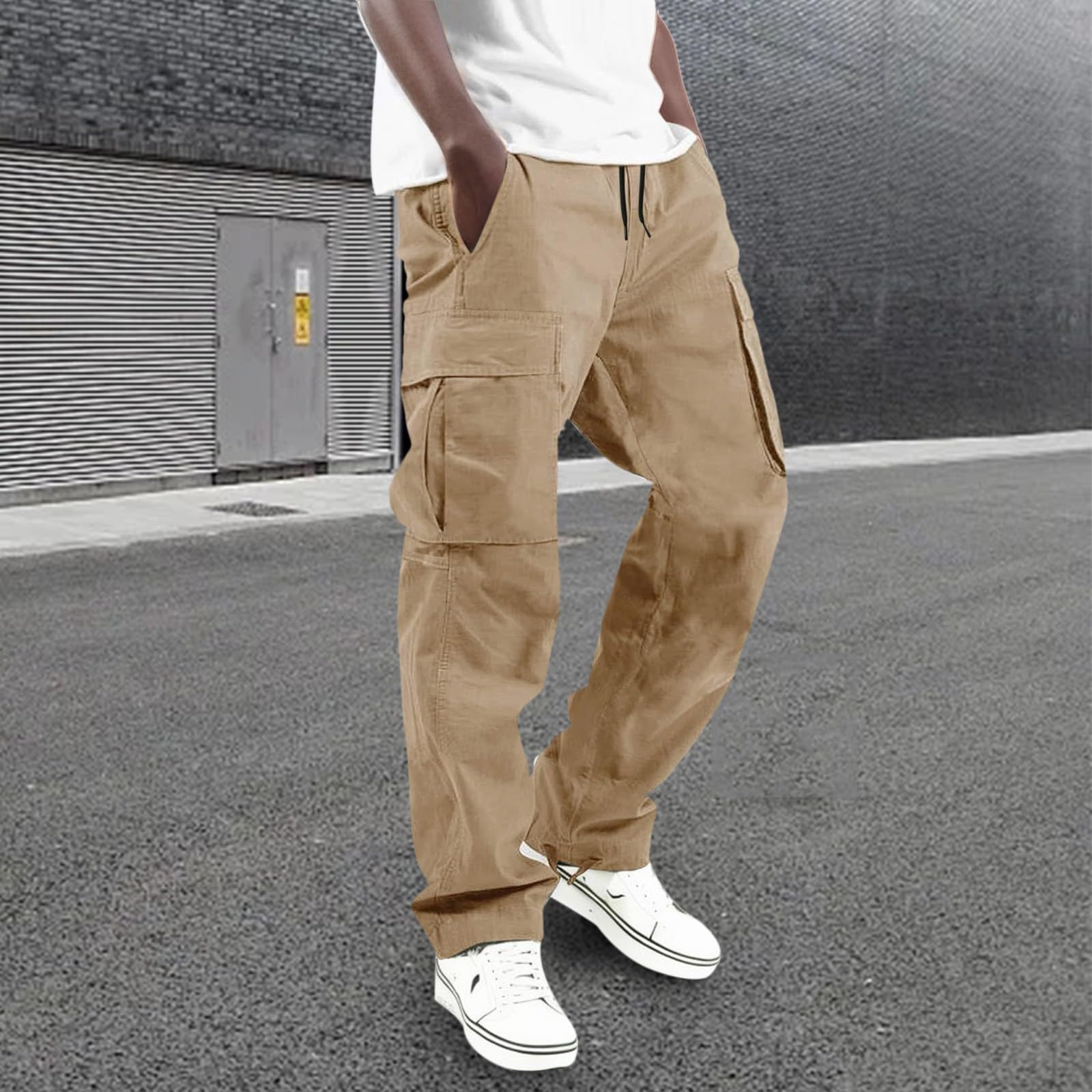 Pantaloni Tuta Cargo Uomo, Pantaloni Uomo Tuta Larghi, Side Pocket Pantalone Gamba Larga Tinta Unita Sweatpants All'Aperto Sportivi Escursionismo Sciolto Autunnale Inverno