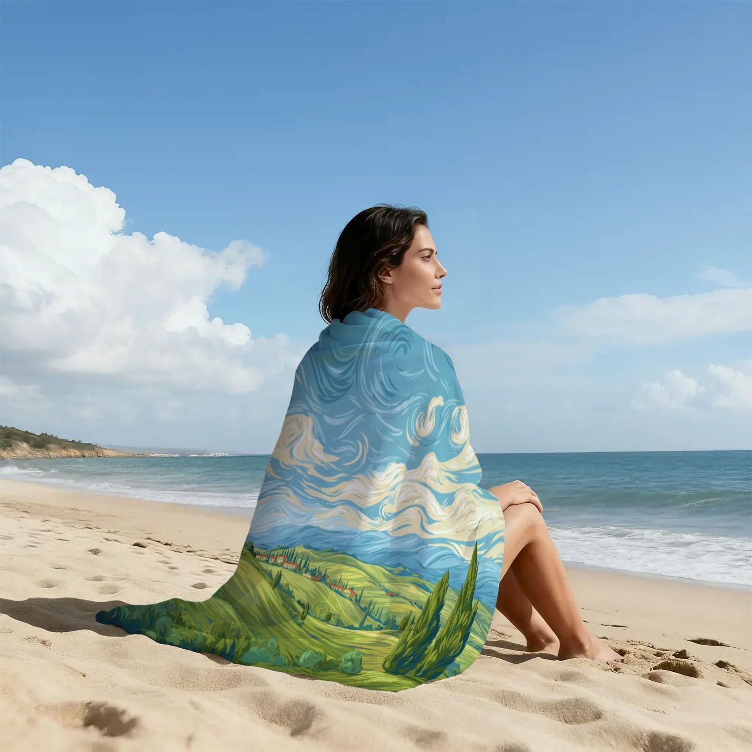 Générique Grande Serviette de Plage 210 x 135 CM,Drap de Plage Microfibre,Couverture de Plage Absorbante Rapide pour Paysage Collines, Cyprès, Ciel
