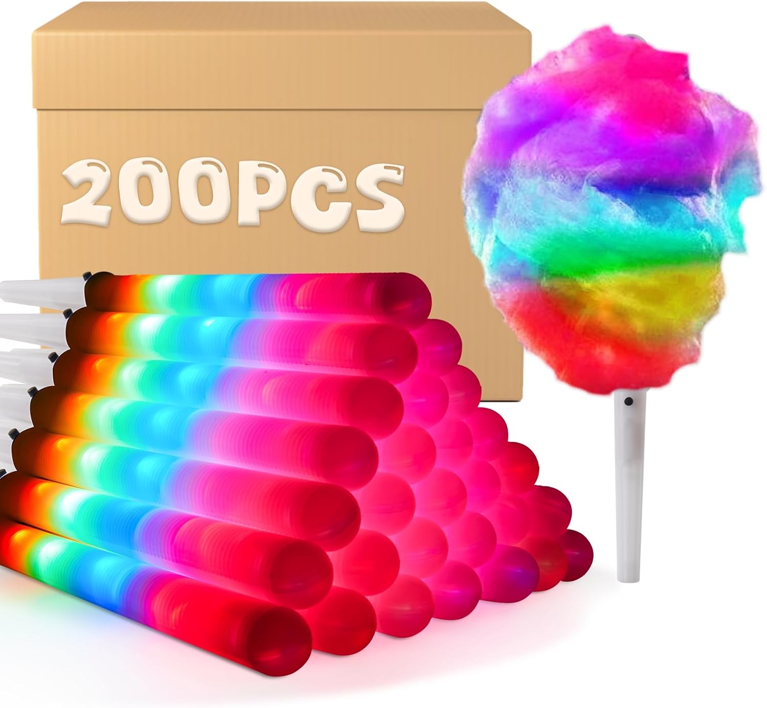 200 Pcs LED Cotton Candy Cones - Glowing Cotton Candy Sticks for Parties - Reusable & Waterproof Cotton Candy Holders - Vibrant Colors for Christmas, Birthdays & Events