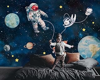 FWIEXA Children Astronaut Earth Wallpaper, Cartoon Rocket Rabbit Wall Mu...