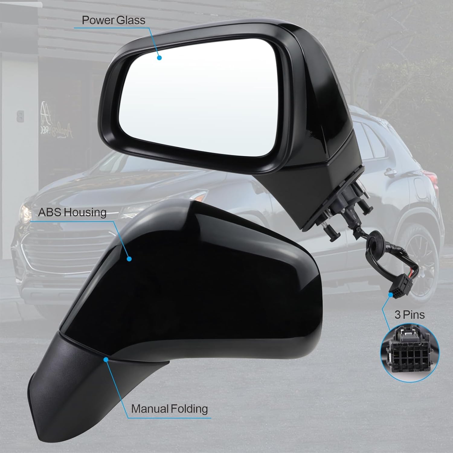 Left Driver Side Mirror Compatible With 2017 2018 2019 2020 2021 2022 Chevy Trax With Manual Folding Power Glass Black Replace#GM1320578(3Pins)