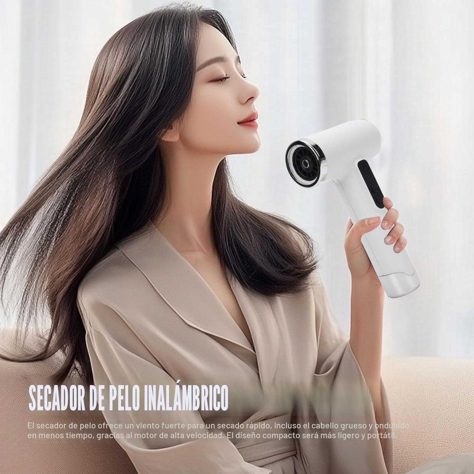 Secador de Pelo Profesional Inalámbrico, 100000RPM 15000mAh USB Recargable Secador de Pelo de Viaje con Boquilla para Hogar Salón Dormitorio Viajes al Aire (Blanco)
