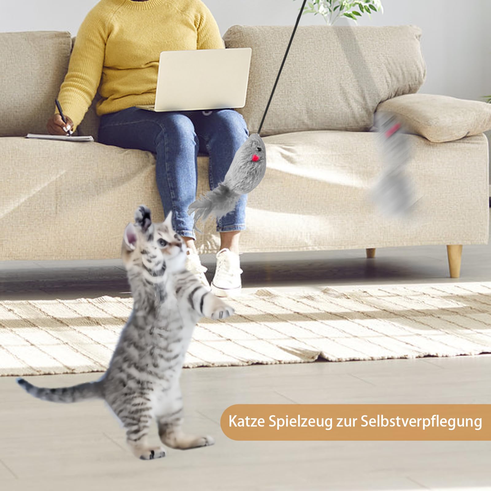 Juguete para Gatos Autoocupado, Juguete Colgante para Puerta, Ratones Grises, Juguete de Peluche Realista que Chisporrotea, Juguete Interactivo para Gatos en Forma de Ratón con Cola de