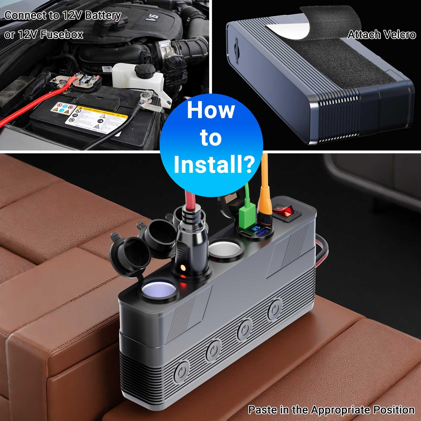 12V Steckdose 12V 15A | Zigarettenanzünder steckdose 4 USB-Anschlüsse (2A+2C) 3-Fach Zigarettenanzünder Verteiler 3M Kabel 12V Einbausteckdose Rücksitz-Ladestation ohne Kabelzerstörung