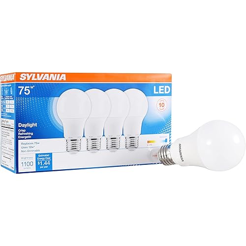 SYLVANIA LED Light Bulb, 75W Equivalent A19, Efficient 12W, Medium Base, Frosted Finish, 1100 Lumens, Daylight - 4 Pack (78100)