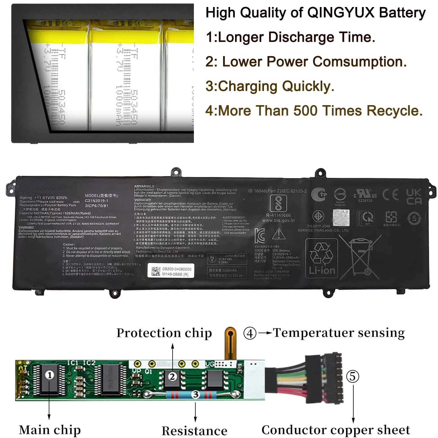 K KYUER Batteria 63Wh C31N2019 Per Asus VivoBook Pro 14/15 OLED – 11.61V, 3 Celle, Compatibile Con K3400, M3401, S3400, K3500, M3500, M6400, N7400 E Molti Altri