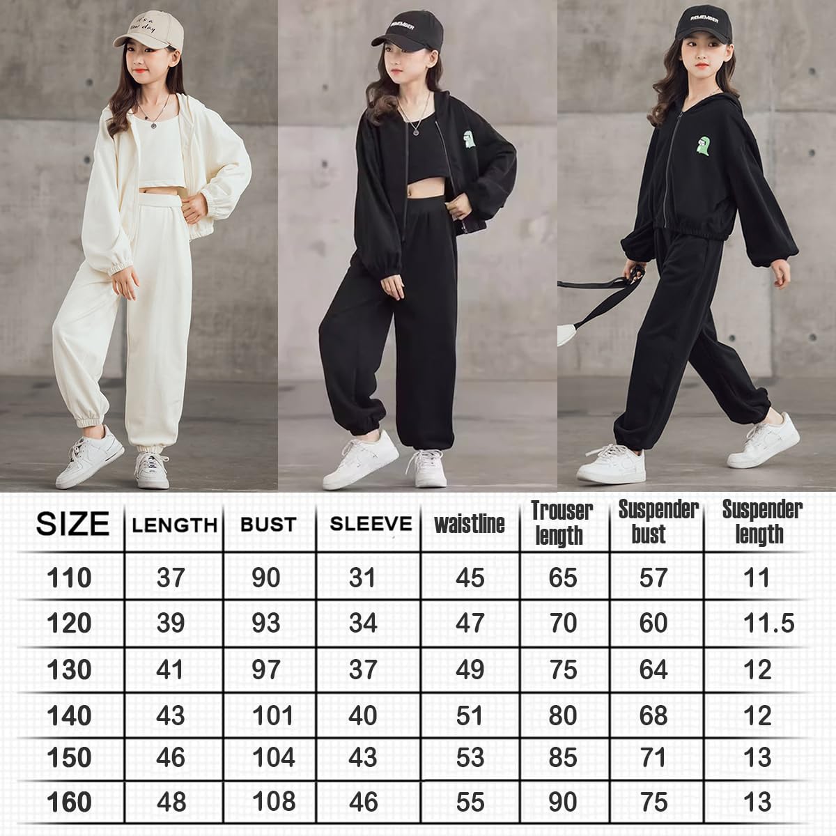 linboo Survêtement 3 pièces pour fille (veste de survêtement + pantalon de sport + haut court) - Tenue hip hop pour enfants et filles