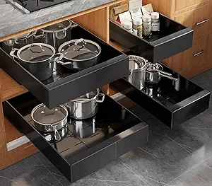 4 Pack Expandable Pull Out Cabinet Organizer 21" Deep With Raising Pad for Framed Cabinets,Upgrade 3 Slide Rails Slide Out Drawers,No Drill Roll Out Shelves,Adjustable Width 9"-14" Black