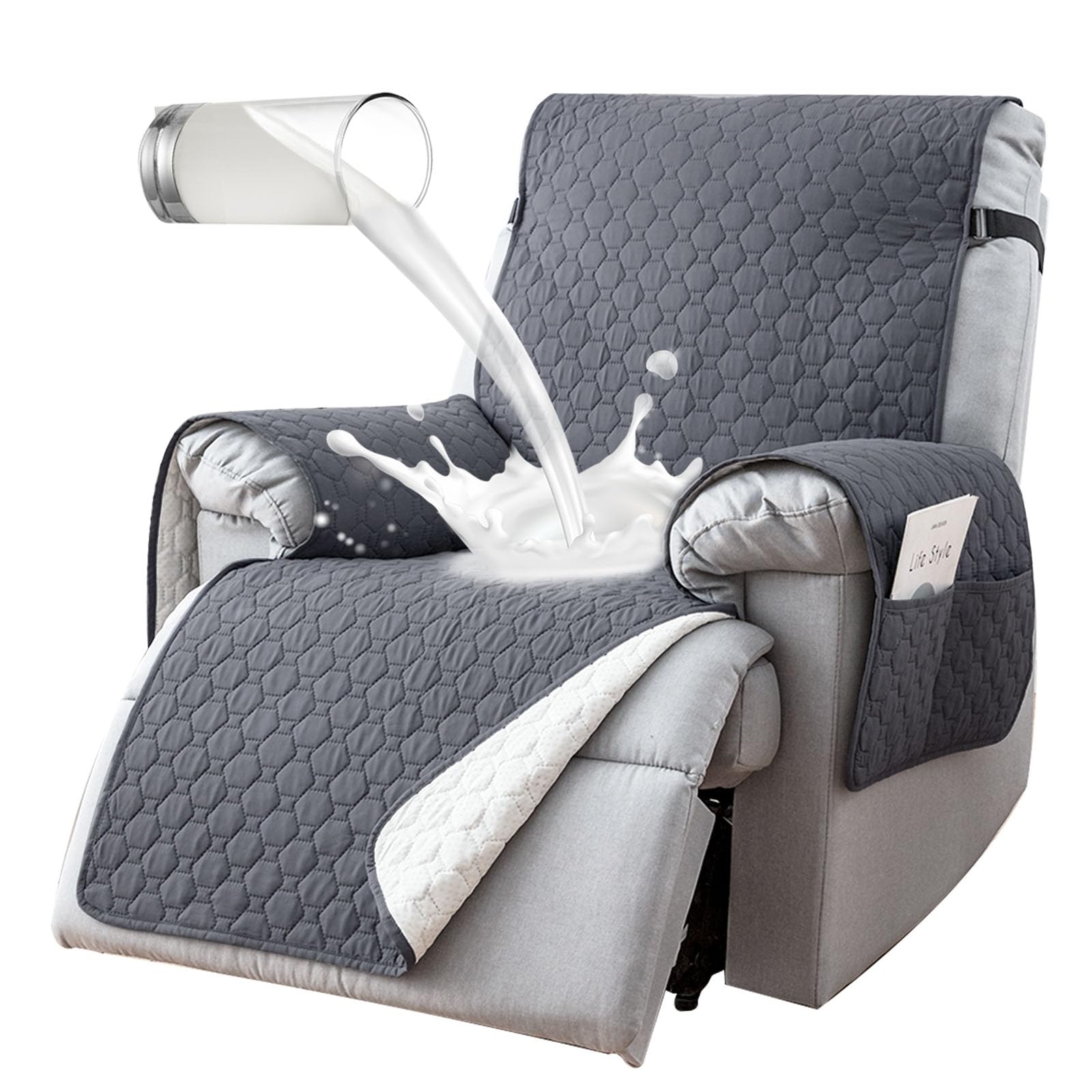 100% Waterproof Recliner Chair Covers That Stay In Place, Non-slip Large Recliner Cover with 5 Pockets, Elastic Straps, Washable Electric Reclining