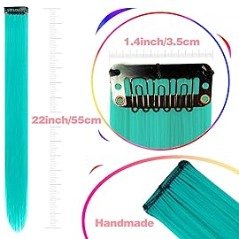12 PCS Teal Blue Hair Extensions Clip in, Colored Party Highlights Extension for Kids Girls Synthetic Hairpiece Straight 22 inch