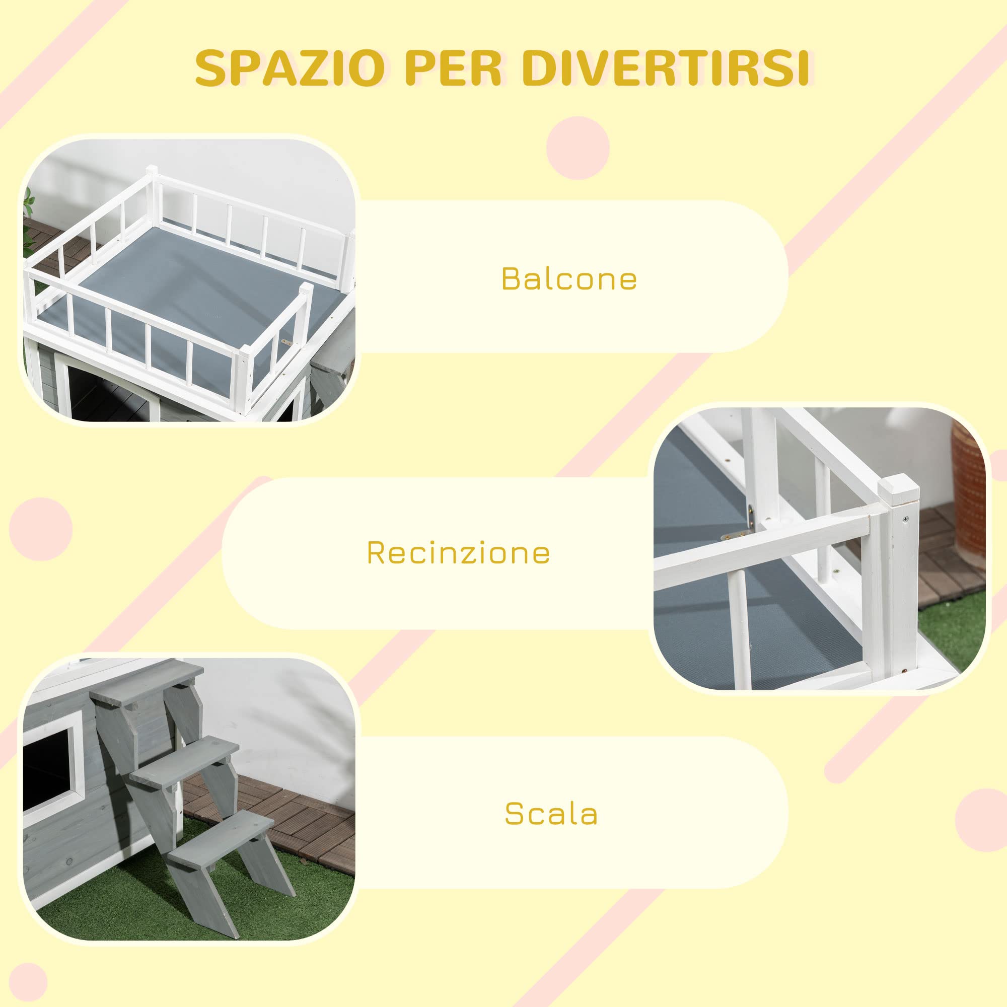 Pawhut Casetta per Cani di Piccola e Media Taglia con Terrazza, Scaletta e Finestra,121x77x78cm, Grigio chiaro