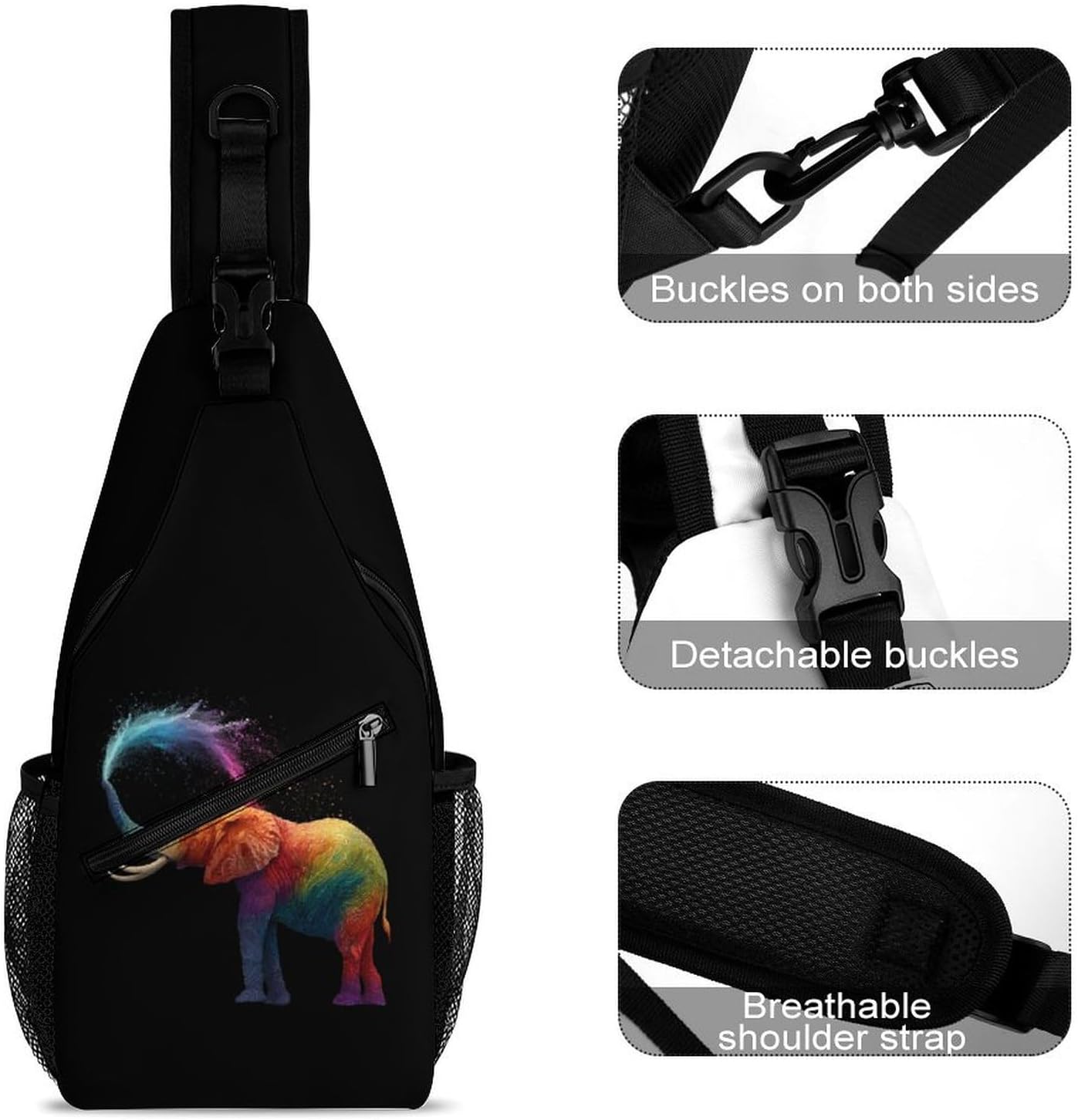 Colorful Elephant Men Crossbody Sling Backpack Chest Bag | Travel Fanny Pack,Hiking Daypack,Print Shoulder Bags