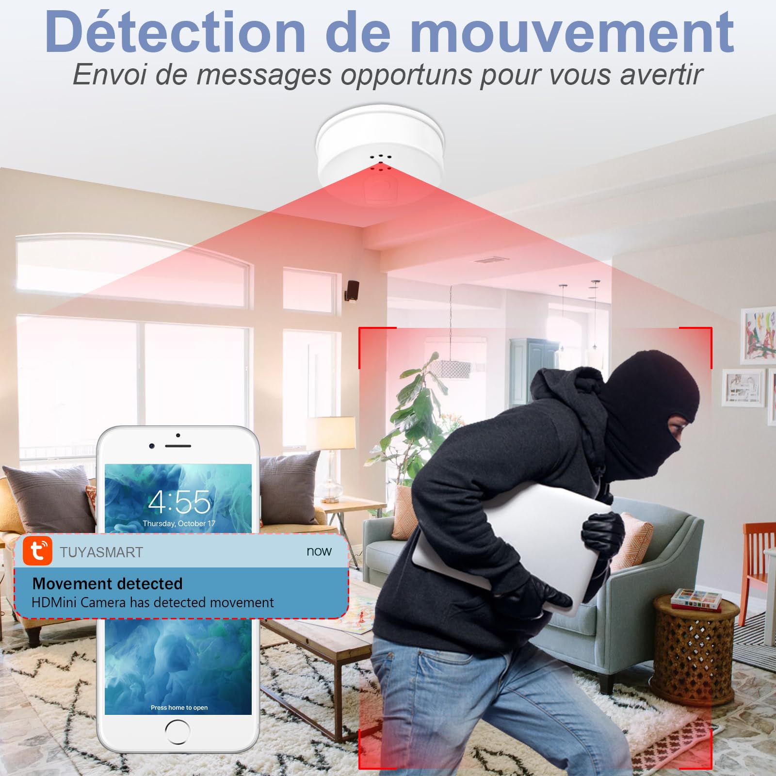 Caméra Espion WiFi 5G/2.4G, Détecteur de Fumée Caméra Invisible HD 1080P, Camera Espion Interieur Discrete 10 Heures avec Vision Nocturne/Détection de Mouvement pour intérieur (Bureau/Maison)