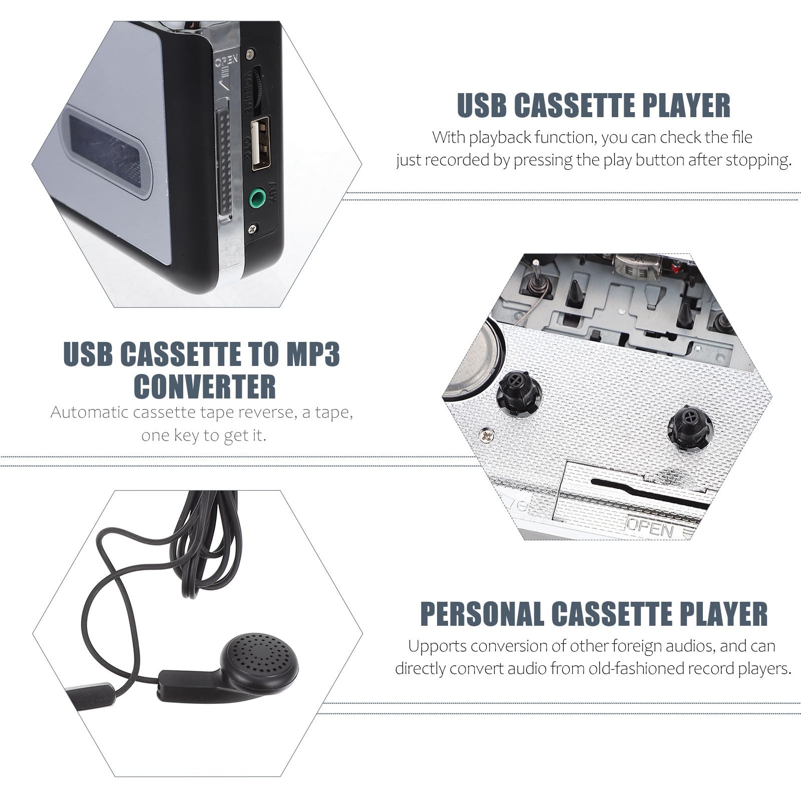 ORFOFE Lettore Tape-to-MP3 Convertitore USB in Plastica Argento, Funzione di Conversione Audio Diretta su USB, Alimentato a Batterie AA, Adatto per Appassionati di Musica