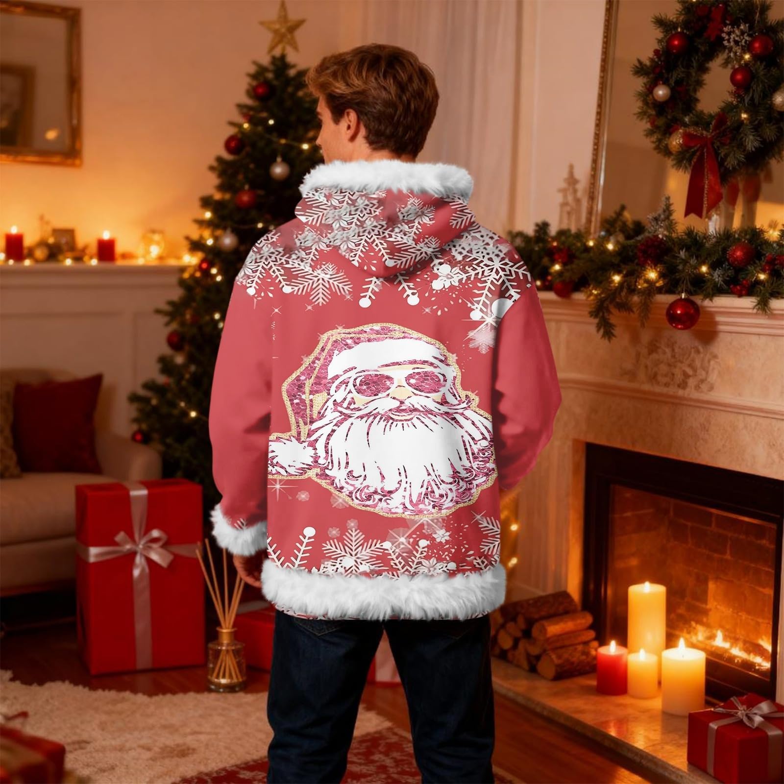 Sudadera con capucha de Navidad para hombre, divertida, de Papá Noel, de gran tamaño, ropa de Navidad de manga larga, suéter con ribete de felpa, novedad, trajes de Navidad, ropa de moda, regalos con
