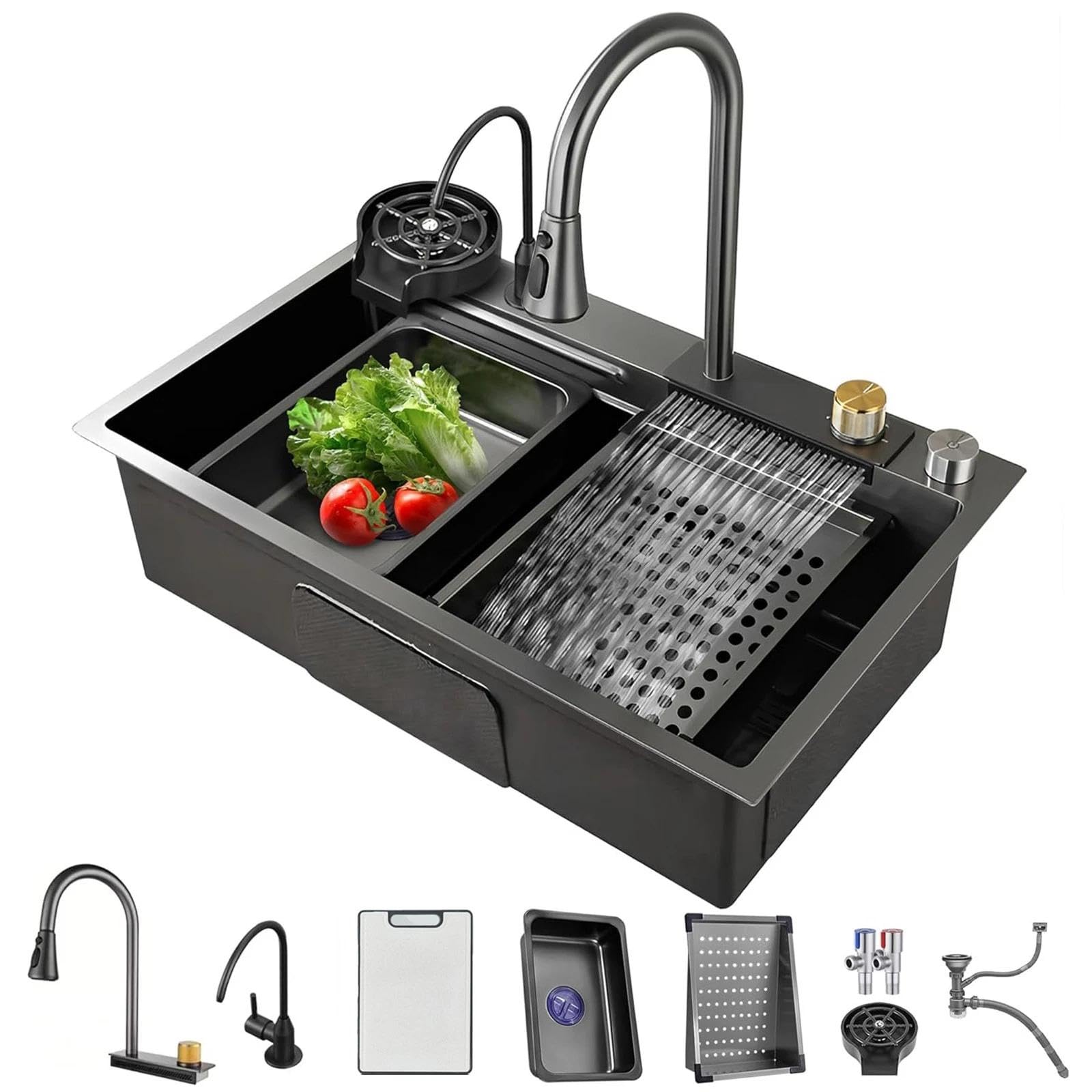 Evier Cuisine 1 bac Inox 60 x 46 x 20cm Professionnel Lavabo Acier Inoxydable Robinet et Lave-Tasses Intégrés, Planche à Découper & Robinet Extractiblen Haute Pression Noir Fonctionnement Silencieux