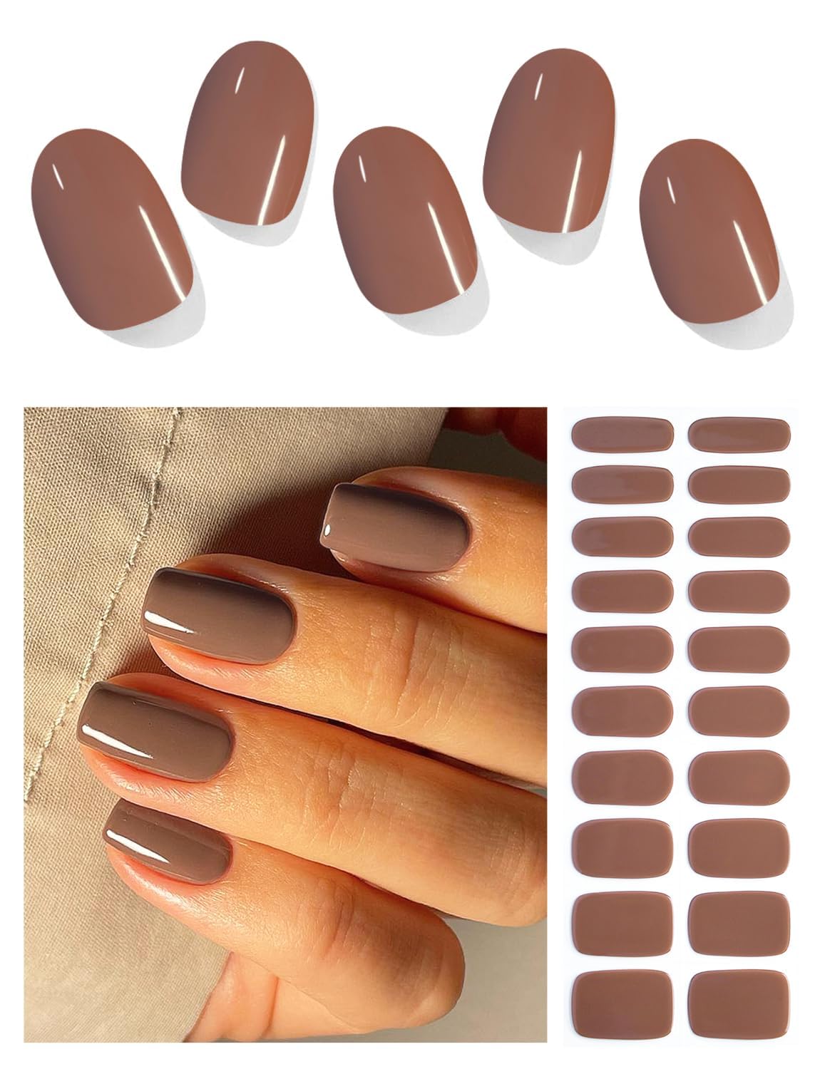 Cazuela 16PCS Semi Cured Gel Nail Polish Strips, Self Adhesive Full Wrap Gel Nail Art Sticker, Waterproof Gel Nail Wrap Stickers with Nail File and Stick (17Reddish Brown), 15 Centimeters