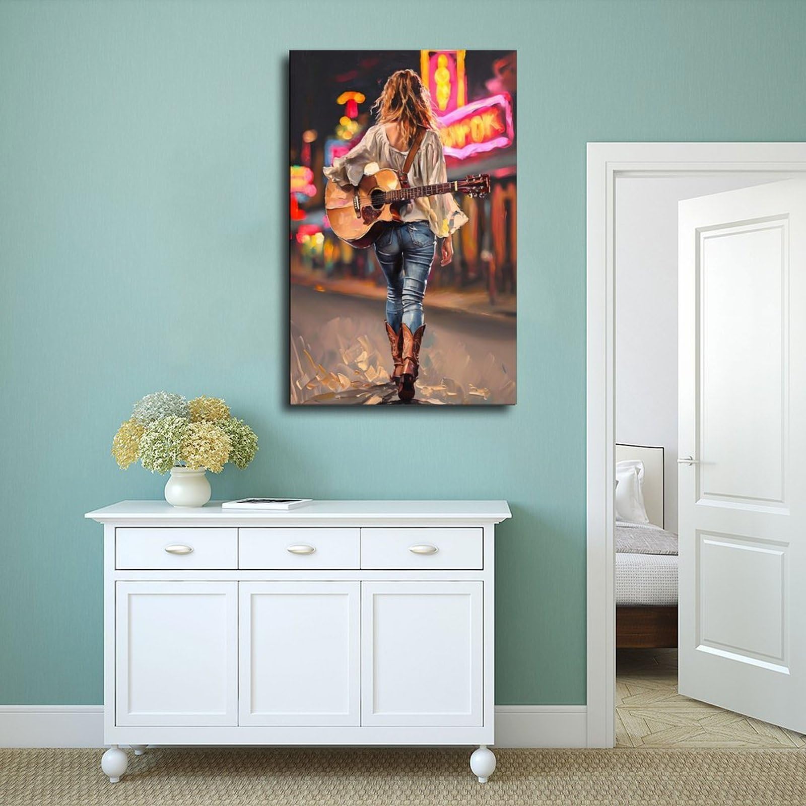 Poster su tela con musica country Girl che porta il suo sogno chitarra poster decorazione camera da letto paesaggio ufficio camera da letto decorazione regalo 50,8 cm L x 76,2 cm W