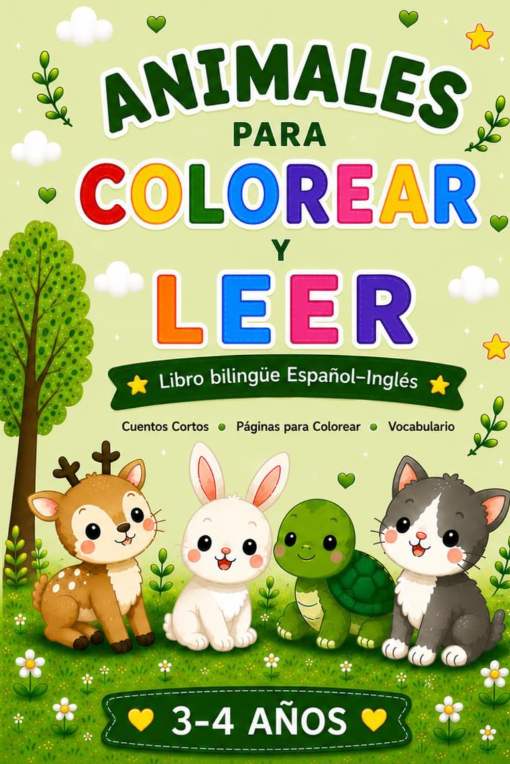 Animales para Colorear y Leer: Libro bilingüe Español-Inglés para niños de 3 a 4 años | Cuentos cortos y dibujos adorables para aprender vocabulario en dos idiomas