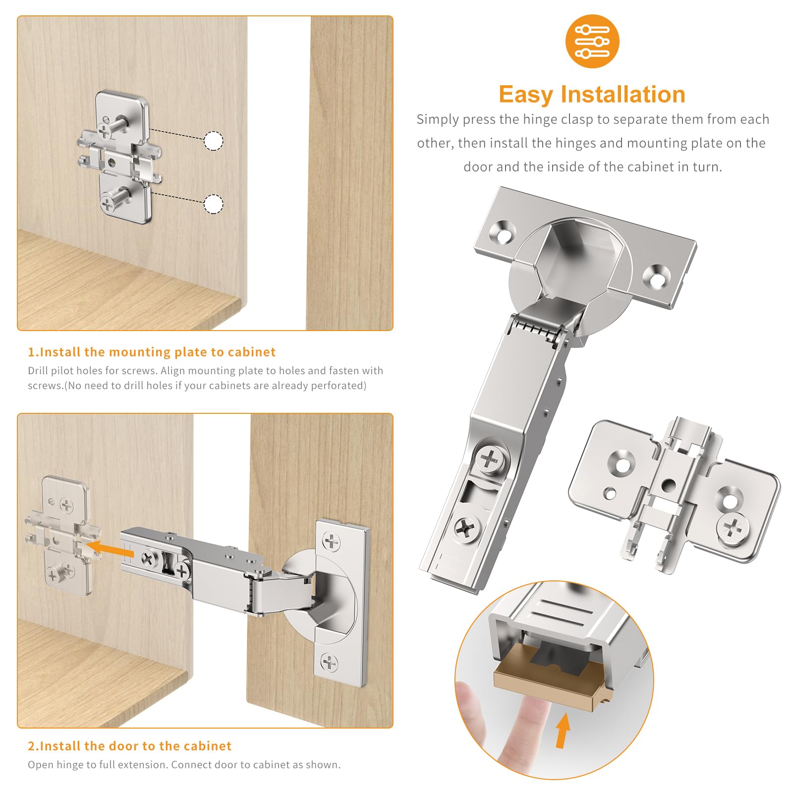Chibery 10 Stück rahmenlose halb-Overlay-Scharniere, sanft schließend, satiniertes Nickel, selbstschließend, 105° offener Winkel, 3D-Einstellung, Stopp 85 & 105 Grad, Clip-On, Edelstahl für Schranktür