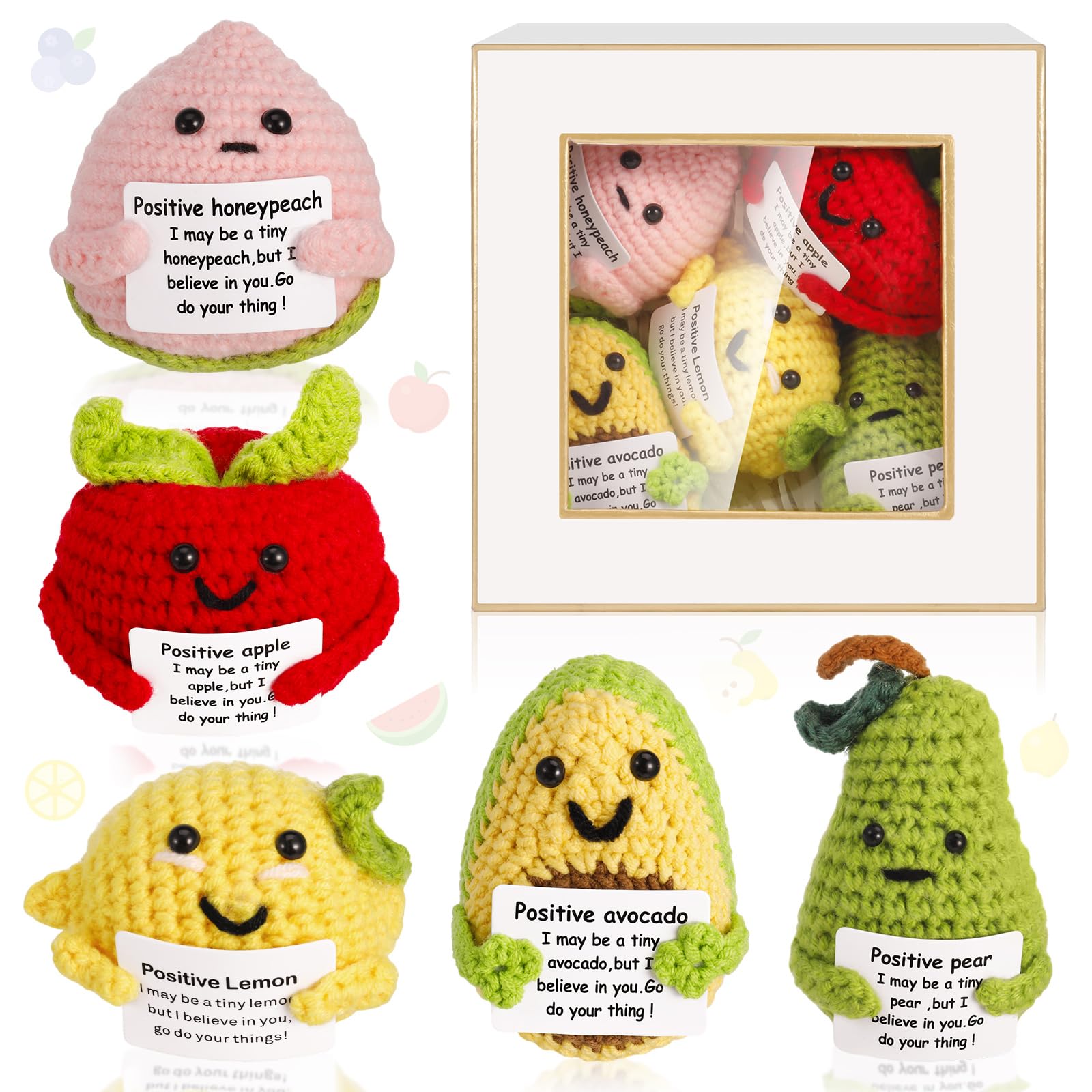Positive Fruit Crochet Positive Funny Potato Crochet Dolls Emotional Fruit Support Wool Crochet Gift,Cute Crochet Doll with Positive Card Raffia Gift Box for Friends,Birthday,Desk