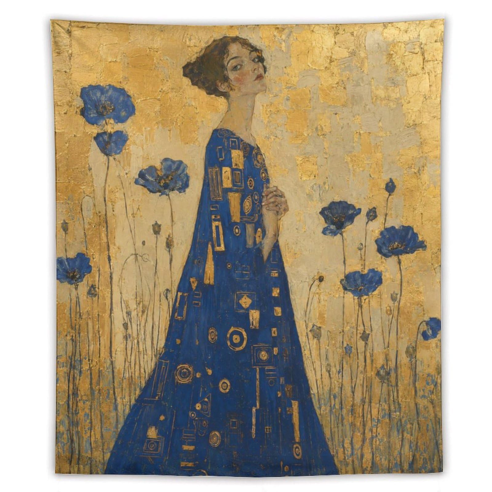 H3B8U2Y5 Woman in Blue Floral Dress Wall Tapestry, Botanical Linework