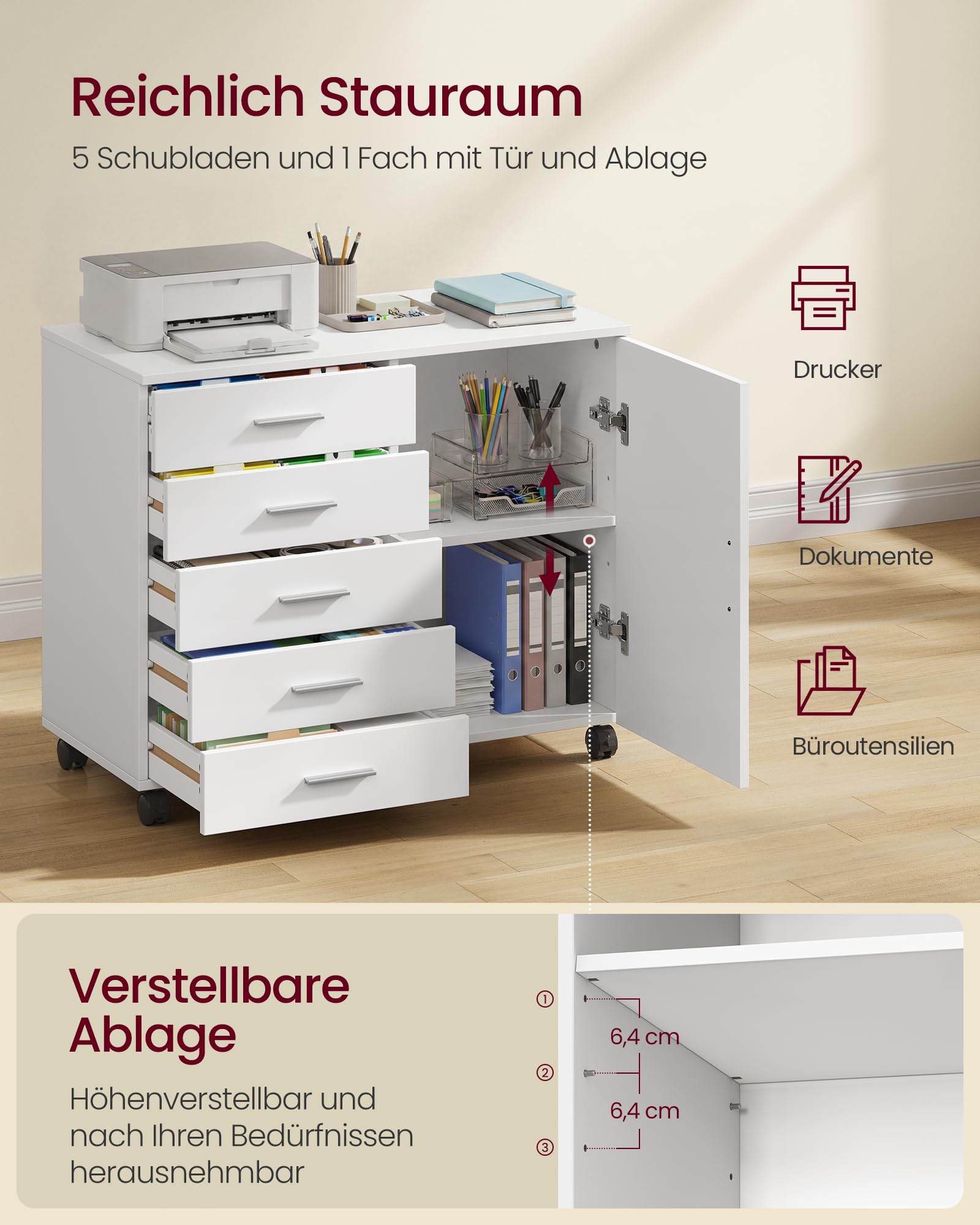 VASAGLE Rollcontainer, mobiler Aktenschrank, Schubladenschrank, Schrank mit Tür, Druckerständer mit 5 Schubladen, mit schraubenlosen Gleitschienen, für Büro, Homeoffice, wolkenweiß OFC092WB02