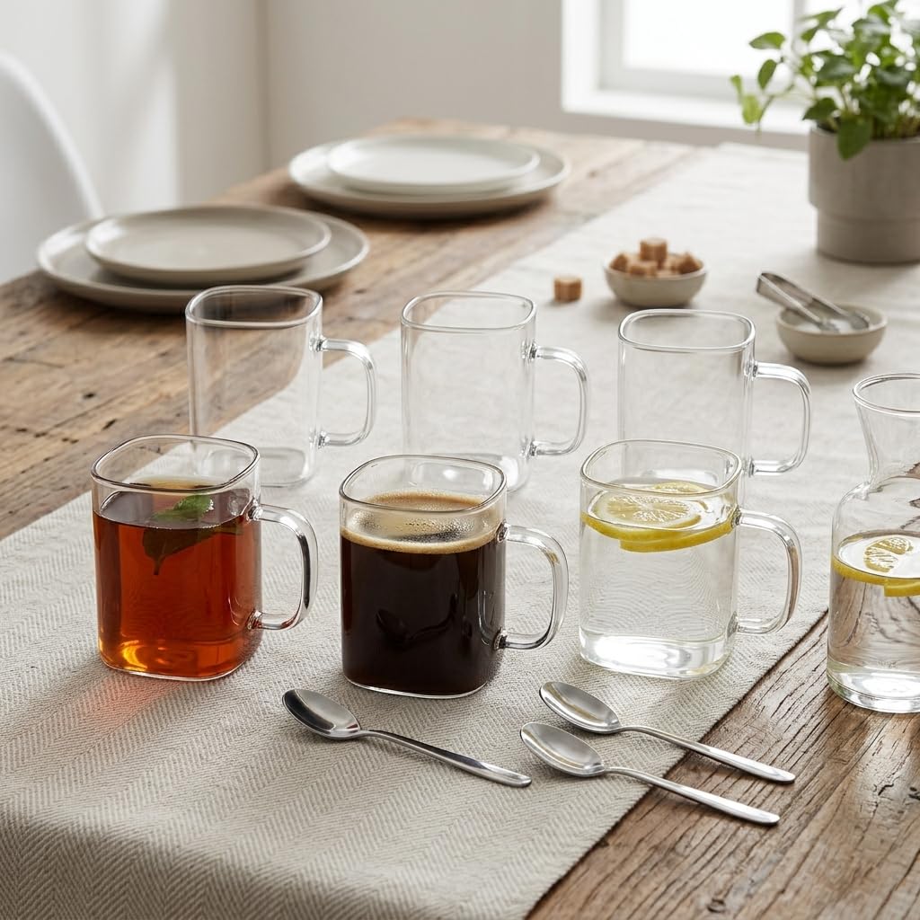 Deconox 6 Adet Kare Cam Kupa Seti - Kulplu Isıya Dayanıklı Çay, Kahve, Espresso ve Meşrubat Bardağı Takımı (230 ml)