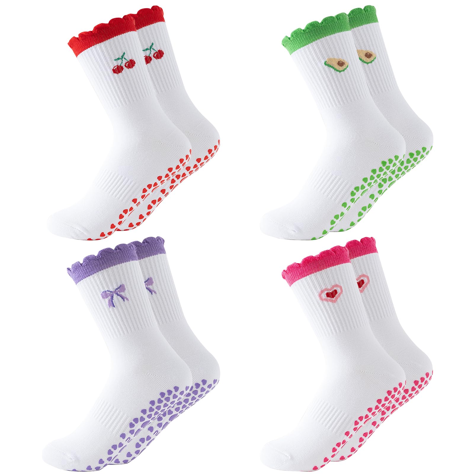 DHHYWWD 4 Pairs Pilates Socks, Cotton Reformer Pilates Socks Crew with Ruffle Cuff and Embroidered Fruit Pattern, Grippy Yoga Dance Ballet