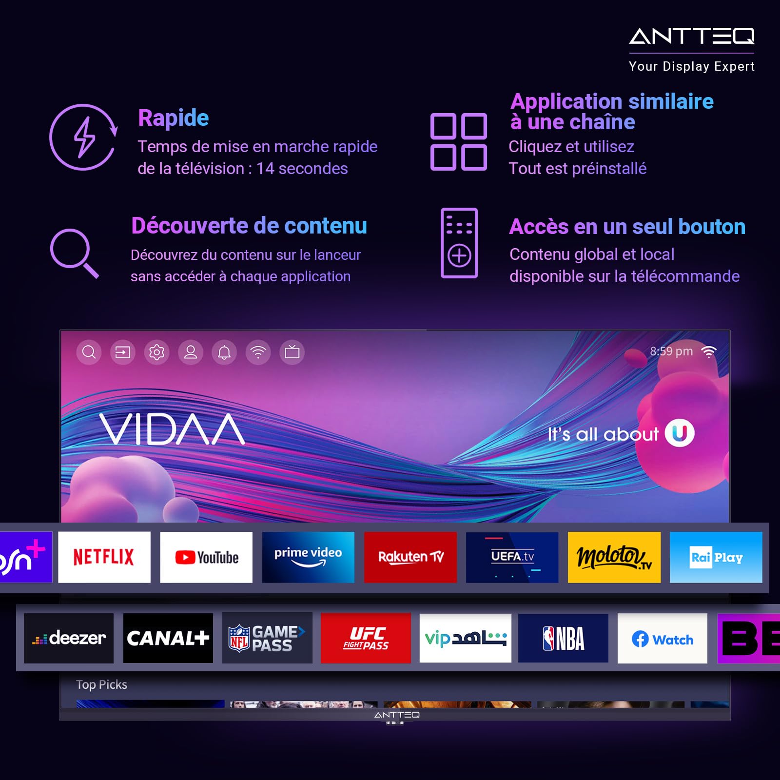 Antteq L32-AVF3N1 2K/FHD Smart TV 32 Pouces (80cm),Télévision avec Molotov/Netflix/Prime Video/Disney+/Youtube/Rakuten/WiFi,Share to TV, HDMI