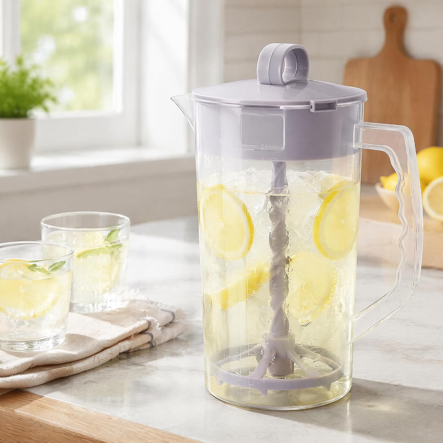 2 Pack 2 Quart Mixing Pitcher with Lid & Built-in Mixer, 64oz Easy-Mix Drink Containers with Angled Blades & Adjustable Plunger, Clear Plastic Pitcher for Juice, Iced Tea, Lemonade