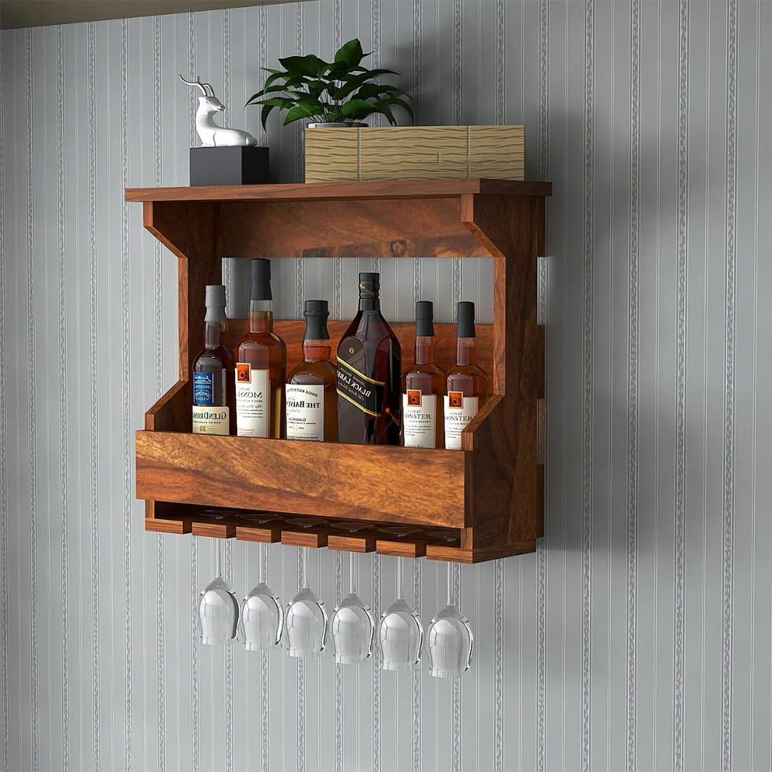 Handwoody Solid Wood Wooden Wall Hanging Design Bar | Bar Cabinets for Home | Mini Bar for Home | Solid Wood Make Wine Storage Cabinet with Glass Hanging Space-image-18