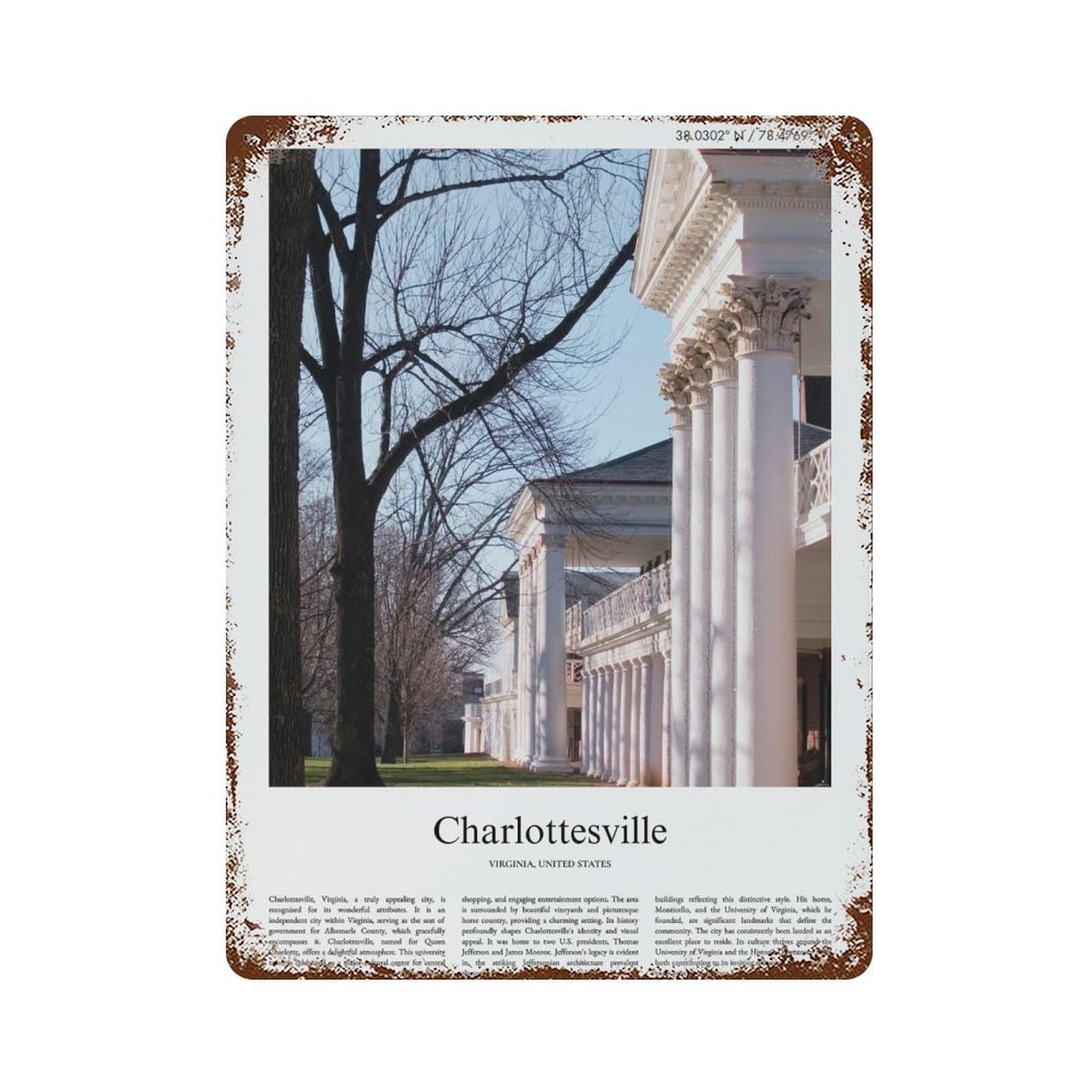 xiaoxiaoshen Charlottesville Virginia, United States, USA City Scenery Wall Decor Art Metal Tin Poster Modern Home Decor Art Home Bar Shop Decorations Vintage Sign 40x30cm