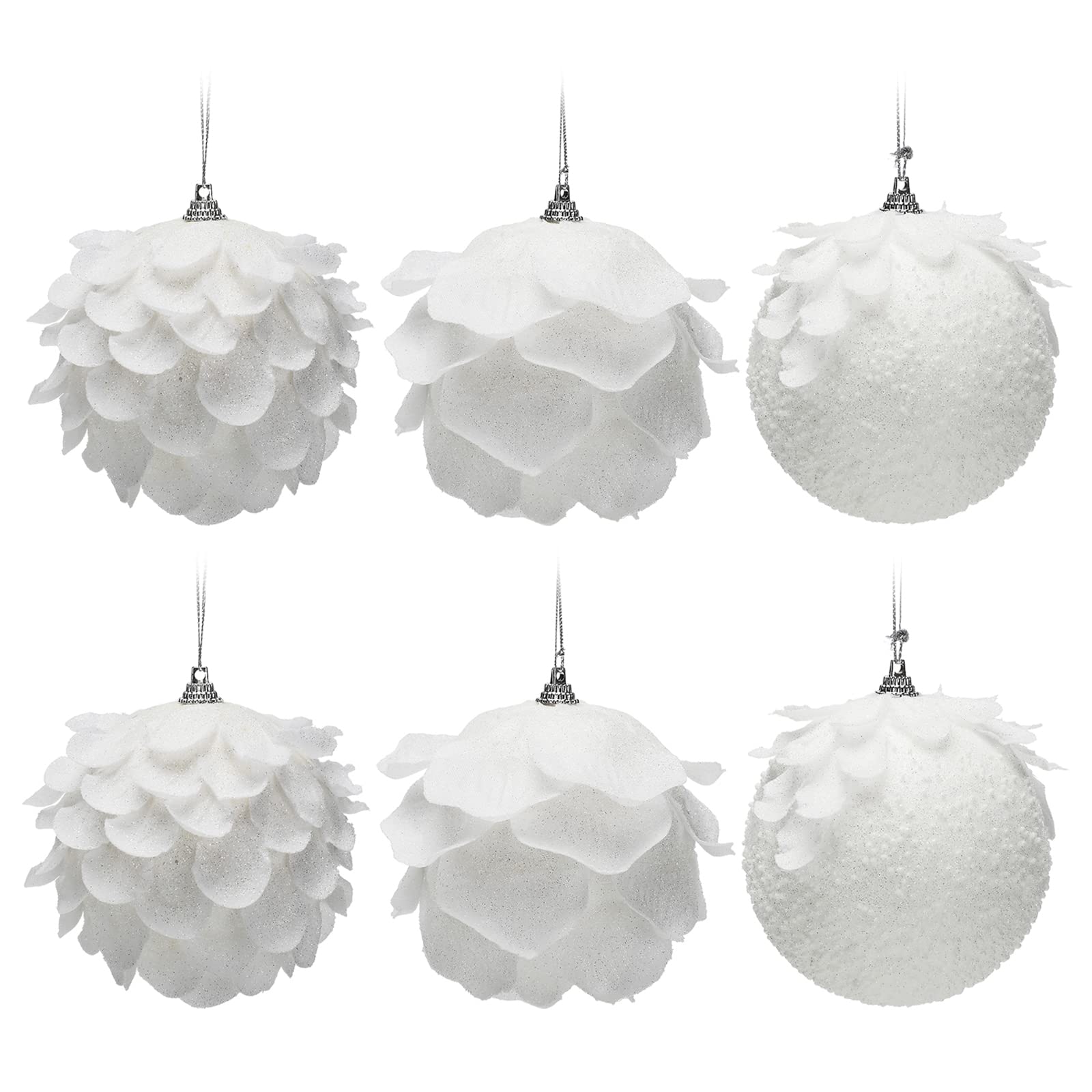 Bolas de Navidad, suministros de decoración, 6 piezas colgantes de bolas de Navidad, bolas colgantes de espuma con purpurina blanca como la nieve de 3,9 pulgadas con pétalo, adornos de bolas de árbol