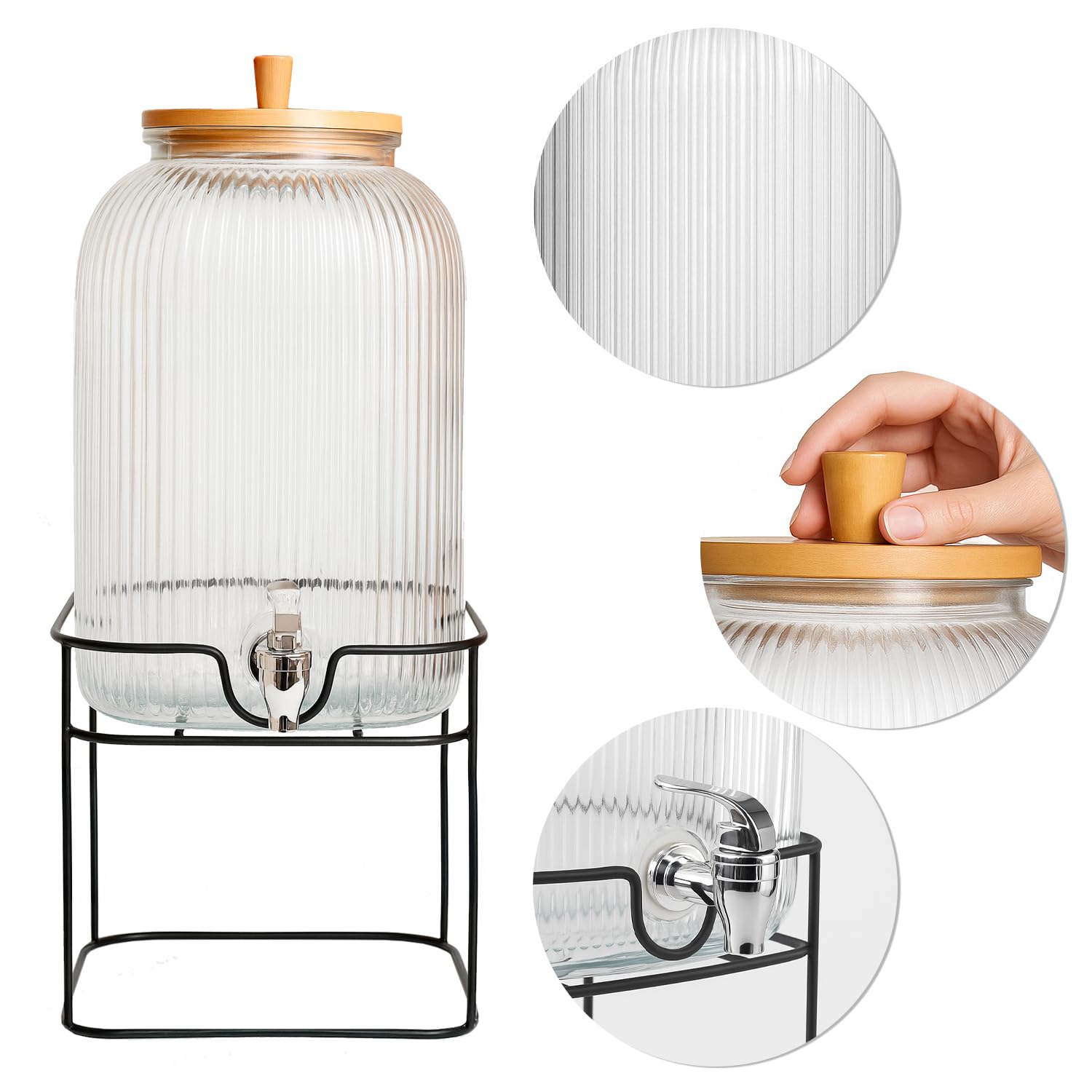 Recipiente de cristal de 8 litros con grifo y tapa de bambú – para limonada, agua y zumo (acero inoxidable negro + soporte)