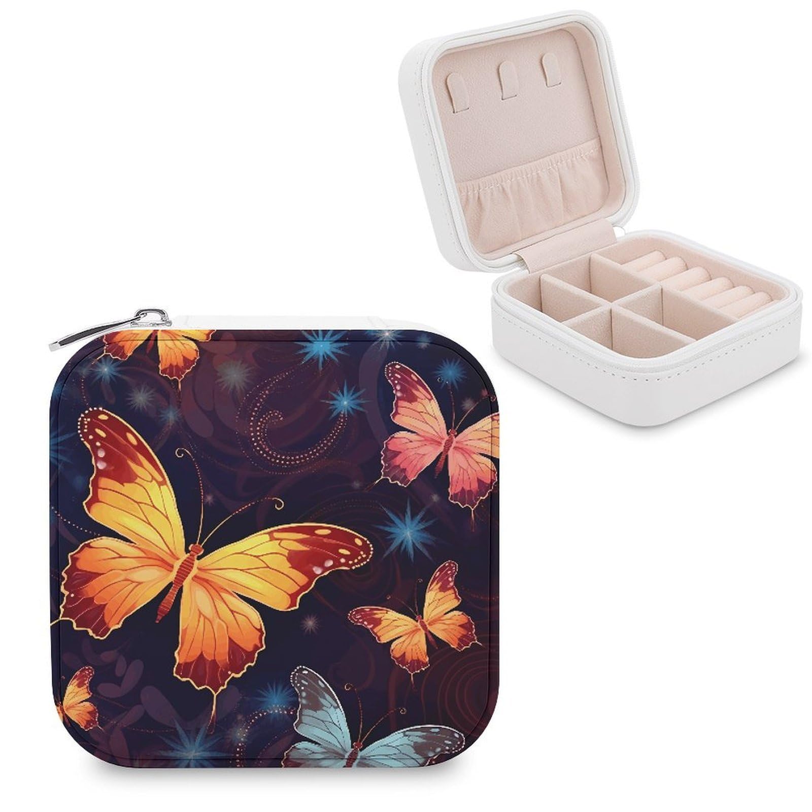 VstaDank Butterfly Pattern Jewelry Box Portable Mini Travel Case Display Storage Holder Boxes PU Leather Small Jewelry Organizer for Women for Stud Earrings Rings Necklaces Bracelets