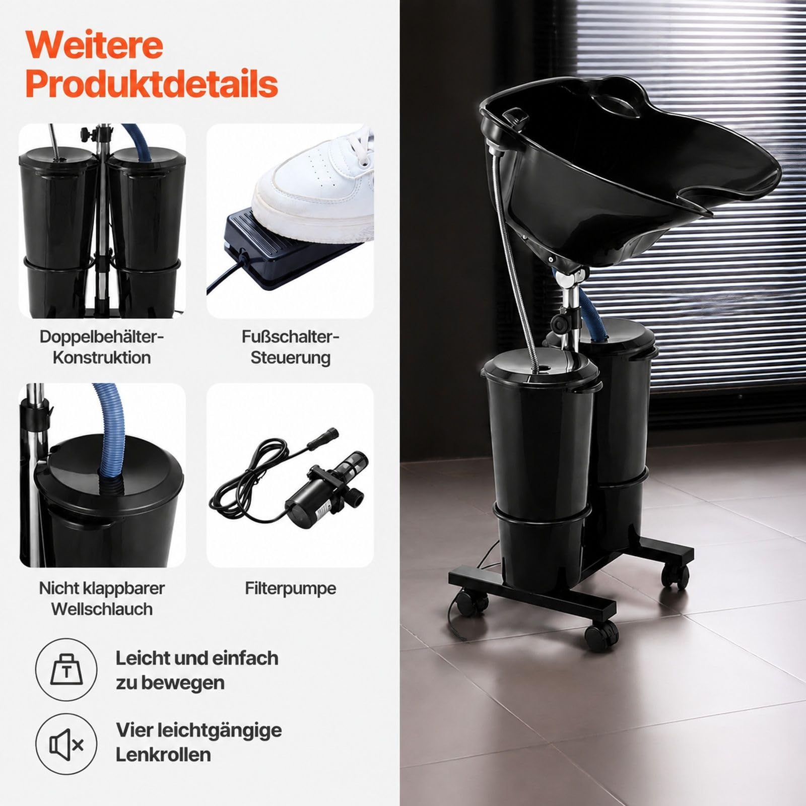 Tragbares Friseurwaschbecken in Schwarz, mit elektrischer Pumpe, 2 Eimern, 2 Duschköpfen, Ablaufschlauch, höhen- und winkelverstellbar für Salon