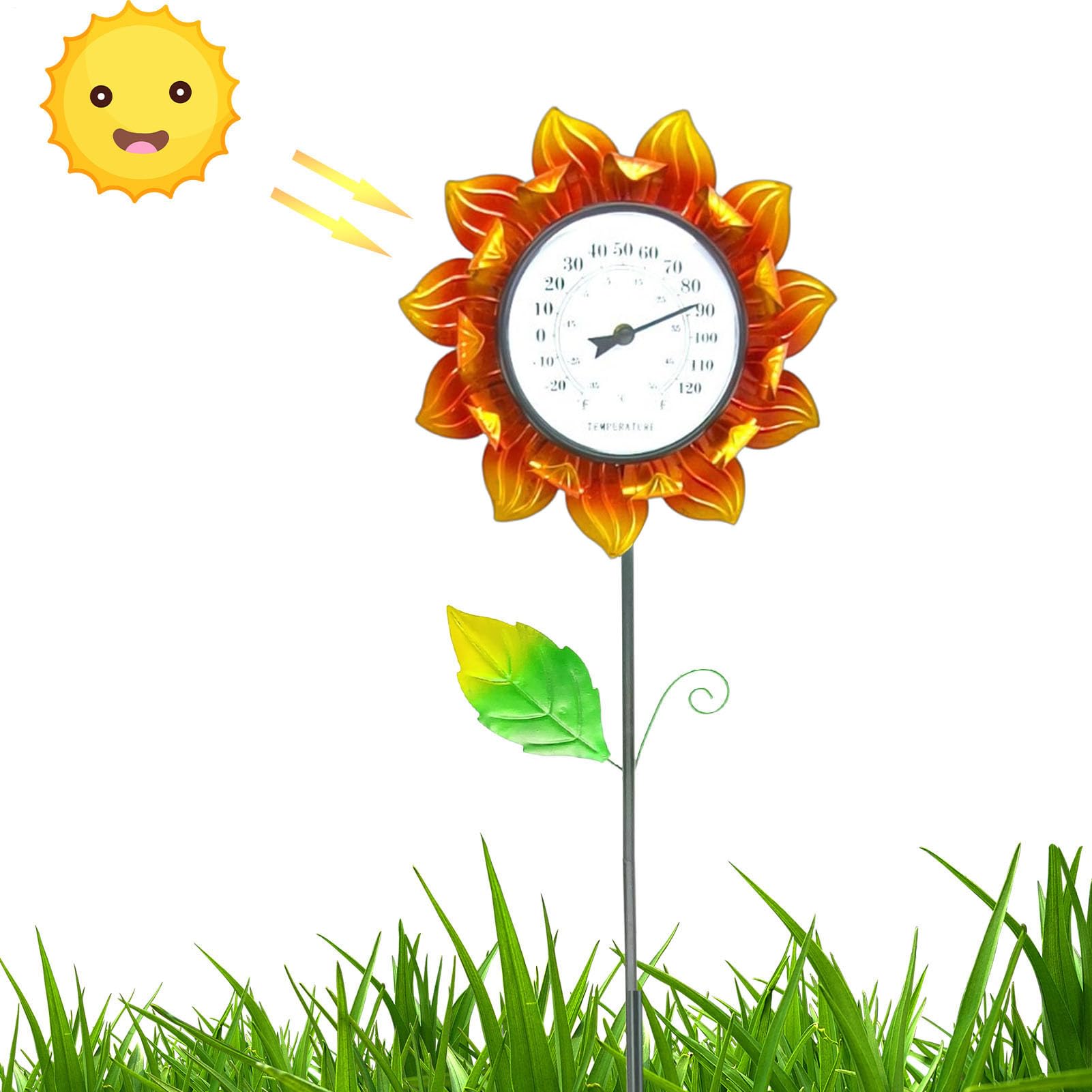 Termometro da esterno con picchetto in metallo, 102 cm, facile da montare | termometro decorativo da parete a forma di girasole, calibrato automaticamente, per interni ed esterni, decorazioni per patio