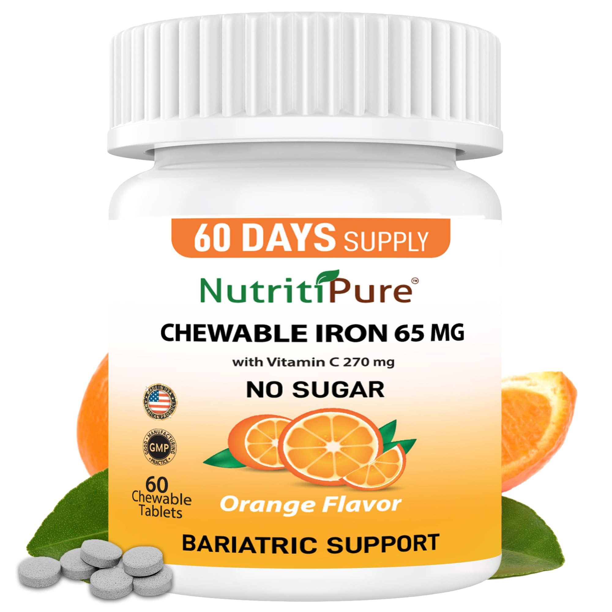 Chewable Iron 65 mg with Vitamin C 270 mg (for Women/Men) |60 Days Supply | No Sugar- Zesty Orange Flavor Supplement 60 Count