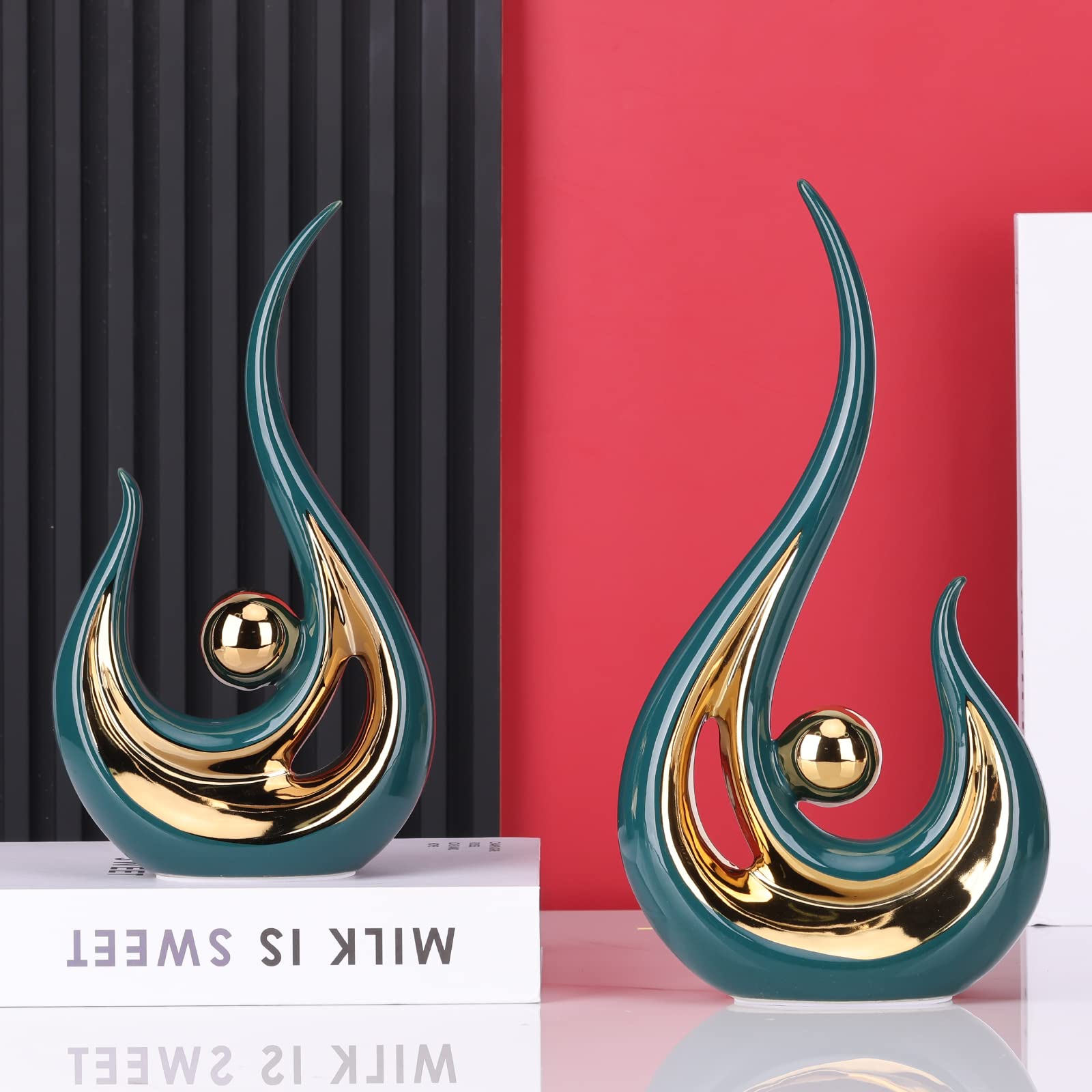 Teal Statue Home Decor Accent, Green Gold Aesthetic Art Kitchen Accessories Decor, Modern Centerpieces Decoration for Table, 2 Pc Abstract Art Ceramics for TV Stand Table Decorations for Living Room