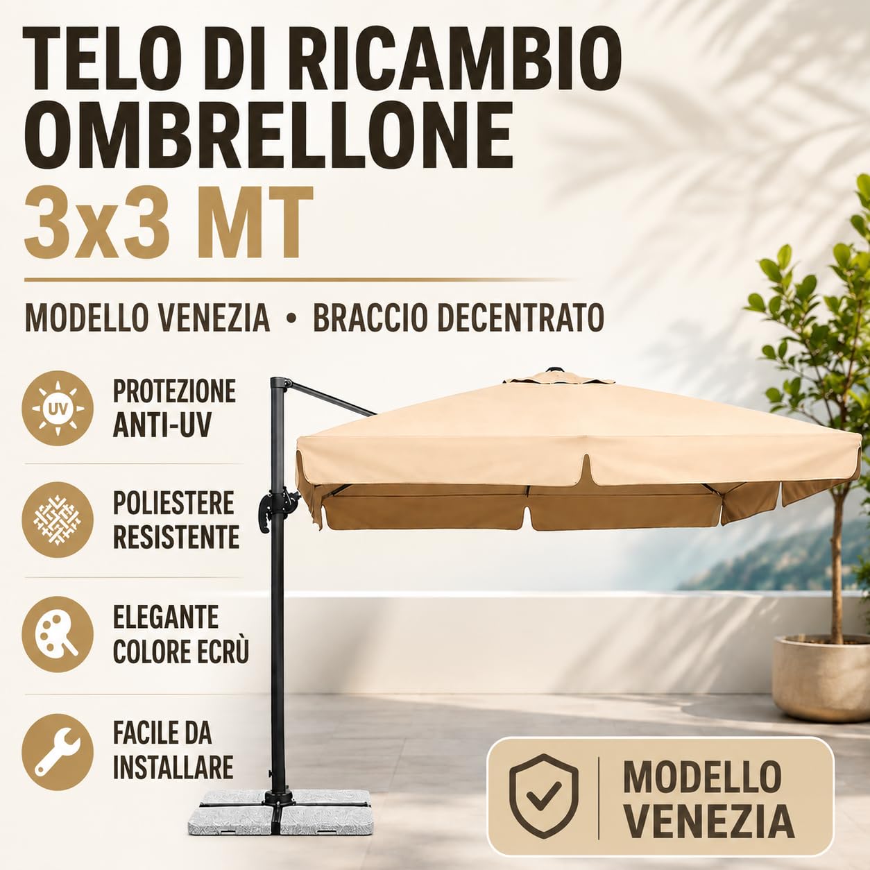 Mediawave Store - Telo di Ricambio Ombrellone Modello Venezia Braccio Decentrato Misura 3x3 mt Anti-UV Telo in Poliestere Ombreggiante