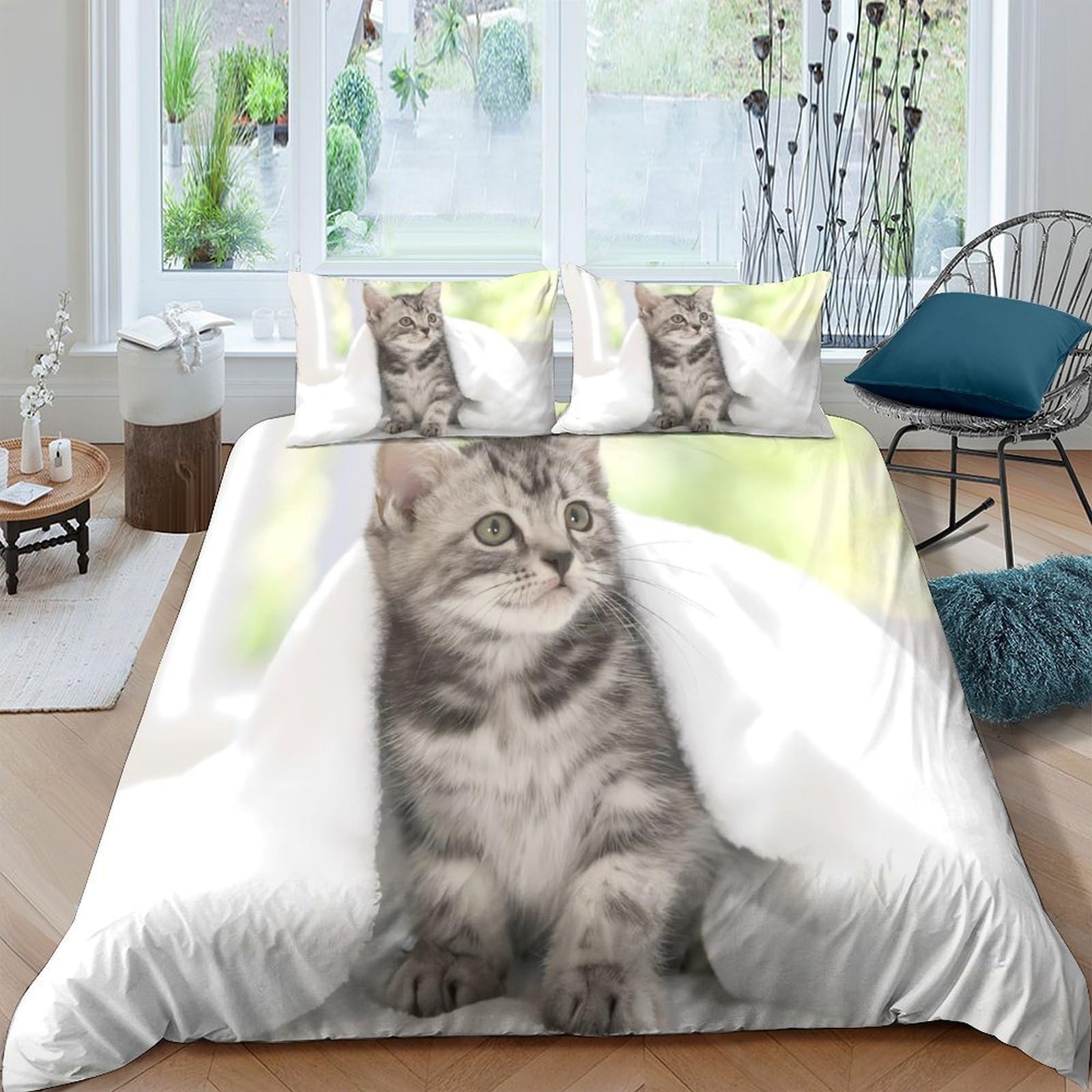 P5V6M1Q9 3D Printed Grey Tabby Cat Duvet Cover Microfiber Soft Breathable Kitten Bedding Set with 2 Pillowcases for Bedroom Decor Single（135x200cm）
