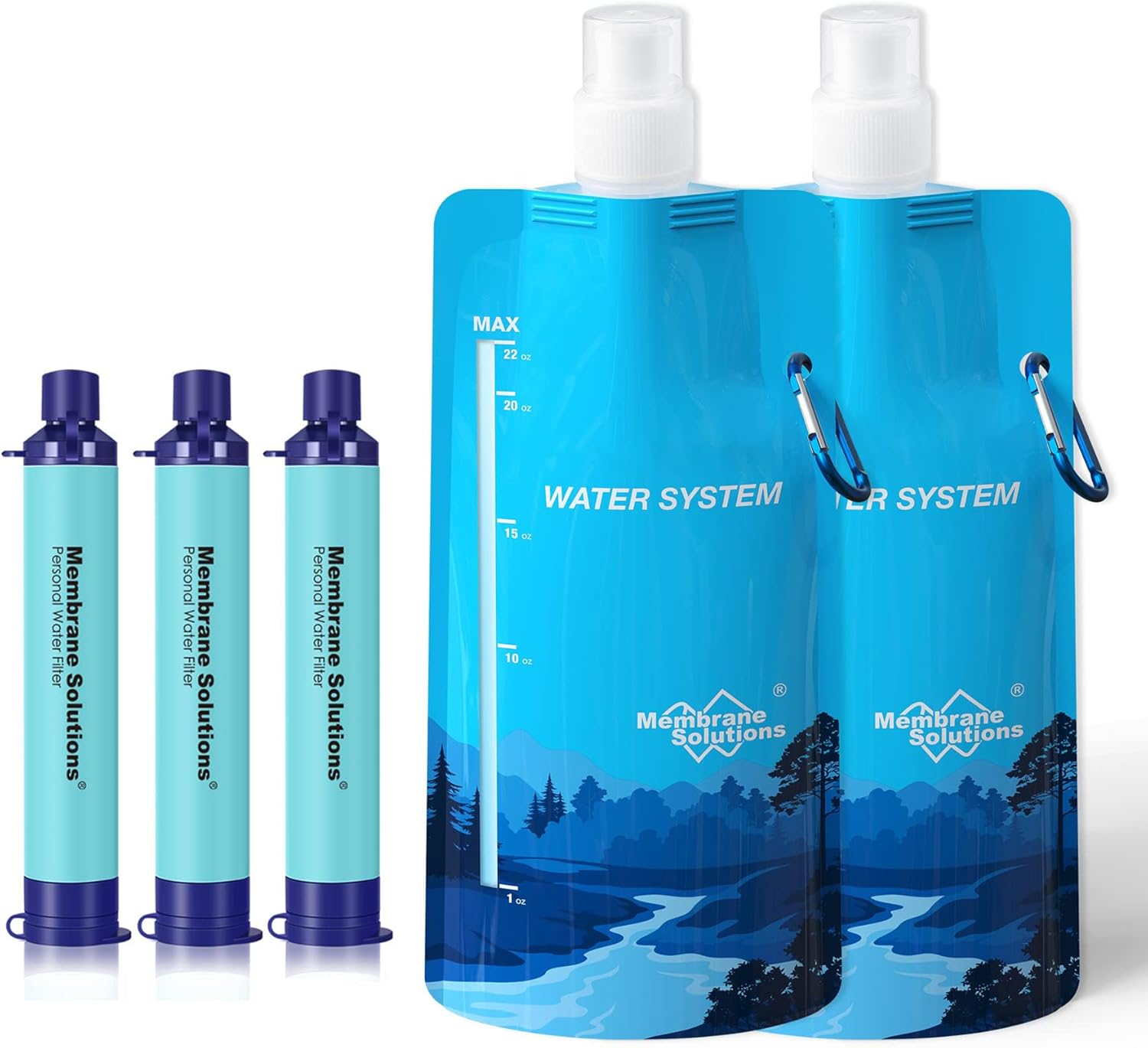 Membrane Solutions Squeezable Water Filtration System, Survival Water Purifier Kit, Portable Backpacking Gear Including Water Filter Straw and 23oz Collapsible Bottle for Hiking Camping Travel(3+2)