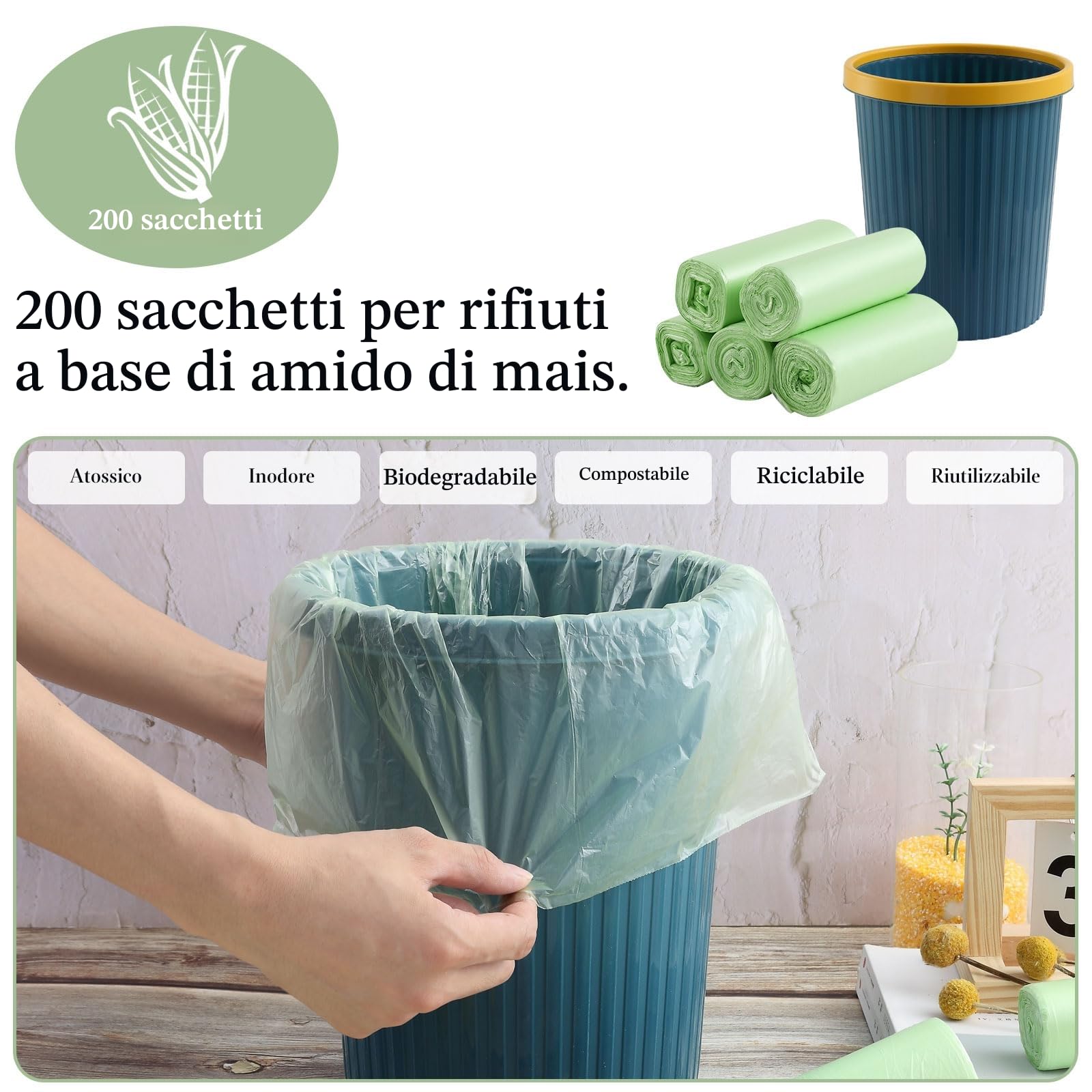 200 Sacchetti Spazzatura Biodegradabili,Sacchi spazzatura riciclabili,Buste spazzatura della cucina,Sacchi umido da bagno,Sacchetti umido biodegradabili,Sacchetti immondizia 10L(45x50cm)