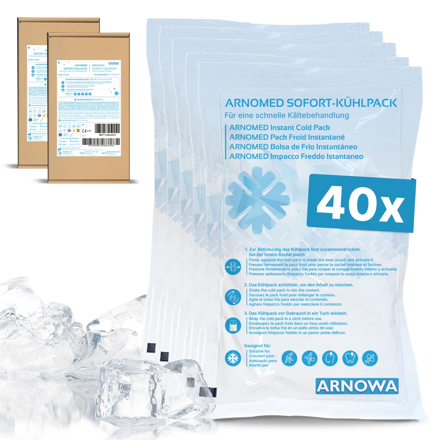 ARNOMED® Einweg Sofort Kühlpads, Direkt Kühlpack zum Knicken, Instant Cold Packs für Schwellungen & Verletzungen, Einweg Kältekompressen für Sport & Erste Hilfe, Coolpack