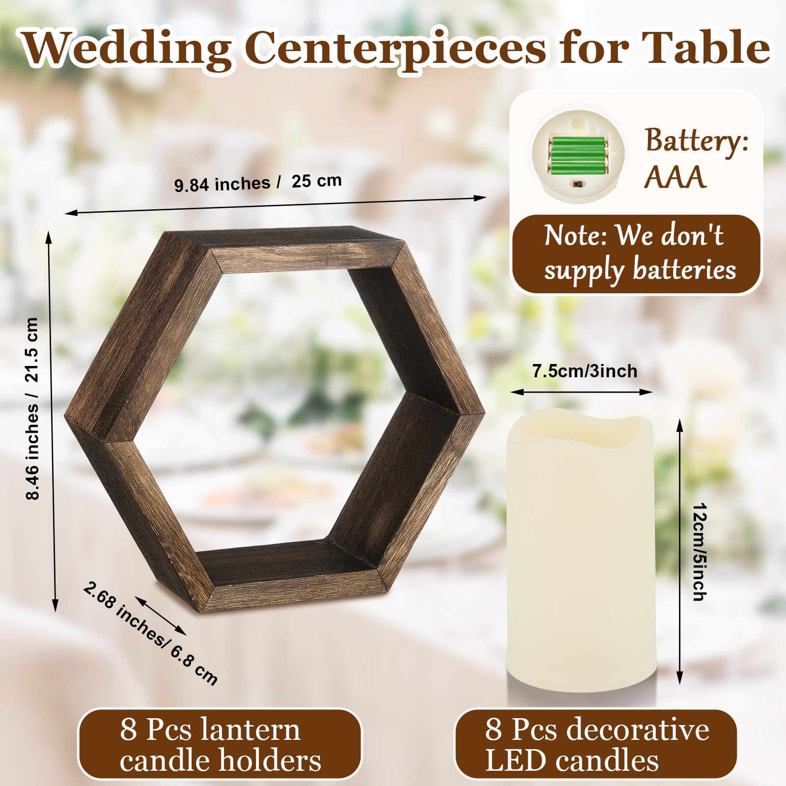 Juego de 16 faroles de madera para velas, incluye 8 centros de mesa rústicos para mesa y 8 velas LED decorativas sin llama para bodas, marrón oscuro, hexagonal 2