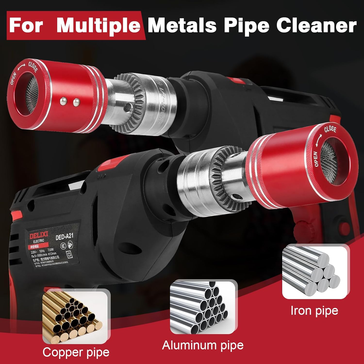 3 Pieces Set 1/2" 3/4" 1" Metal Copper Pipe Cleaner for Drill, Each Size with 3 Brushes Replacement for Drill Suitable for Plumbers.