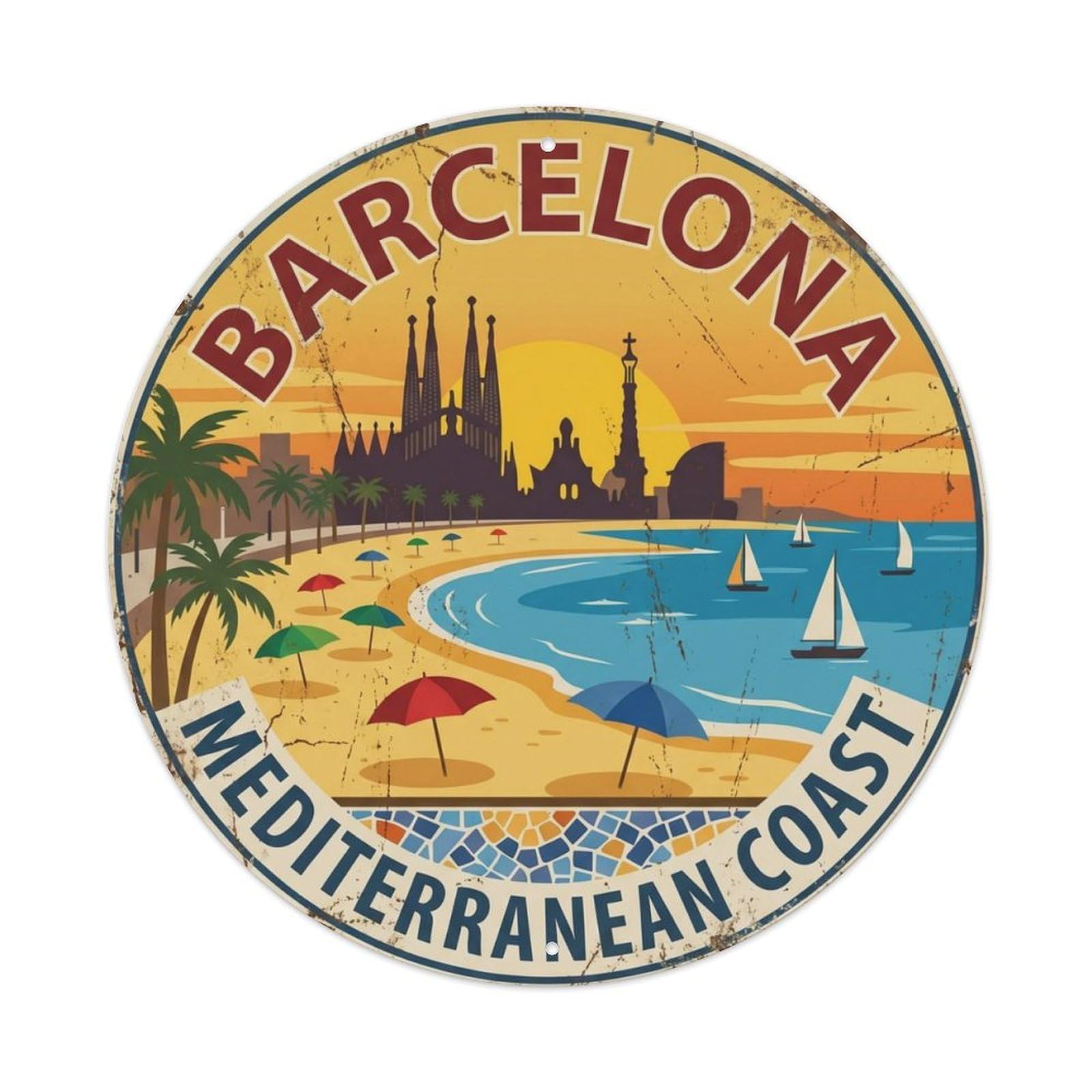 Vintage Travel Barcelona Seaside Catalonia Metal Tin Sign Plaque Wall Decor for Cafe, Club Bar, Office, Home Garden Round Metal Poster 8x8Inch